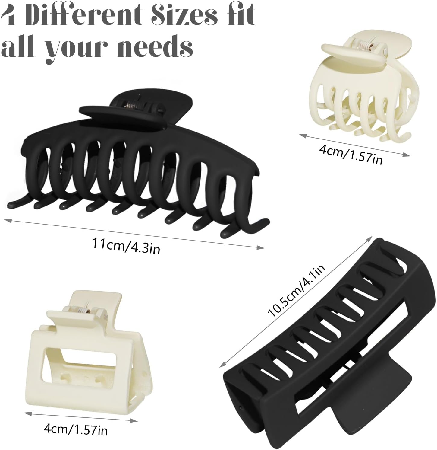 4 Style Hair Clips for Women, 8 Pcs 4.3 Inch Large Hair Claw Clips for Thick Hair and 2 Inch Claw Clips for Thin Hair, Square Double Row Teeth Strong Hold Nonslip Hair Claws Black+beige