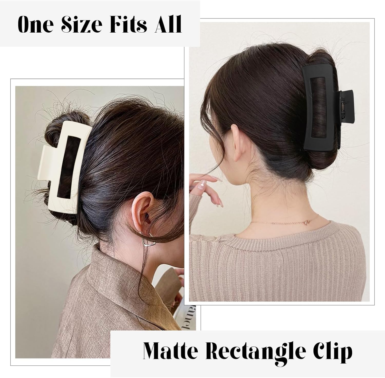 4 Style Hair Clips for Women, 8 Pcs 4.3 Inch Large Hair Claw Clips for Thick Hair and 2 Inch Claw Clips for Thin Hair, Square Double Row Teeth Strong Hold Nonslip Hair Claws Black+beige