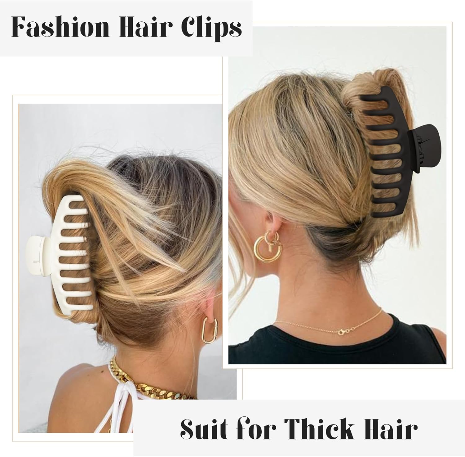 4 Style Hair Clips for Women, 8 Pcs 4.3 Inch Large Hair Claw Clips for Thick Hair and 2 Inch Claw Clips for Thin Hair, Square Double Row Teeth Strong Hold Nonslip Hair Claws Black+beige