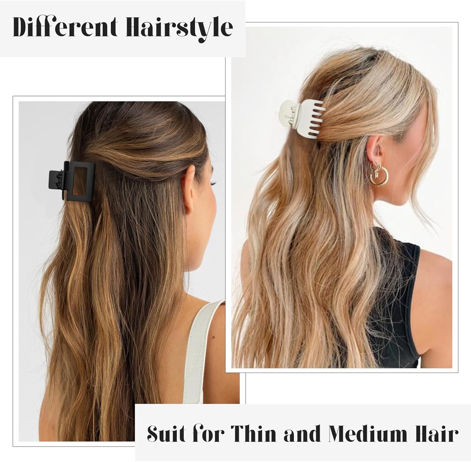 4 Style Hair Clips for Women, 8 Pcs 4.3 Inch Large Hair Claw Clips for Thick Hair and 2 Inch Claw Clips for Thin Hair, Square Double Row Teeth Strong Hold Nonslip Hair Claws Black+beige