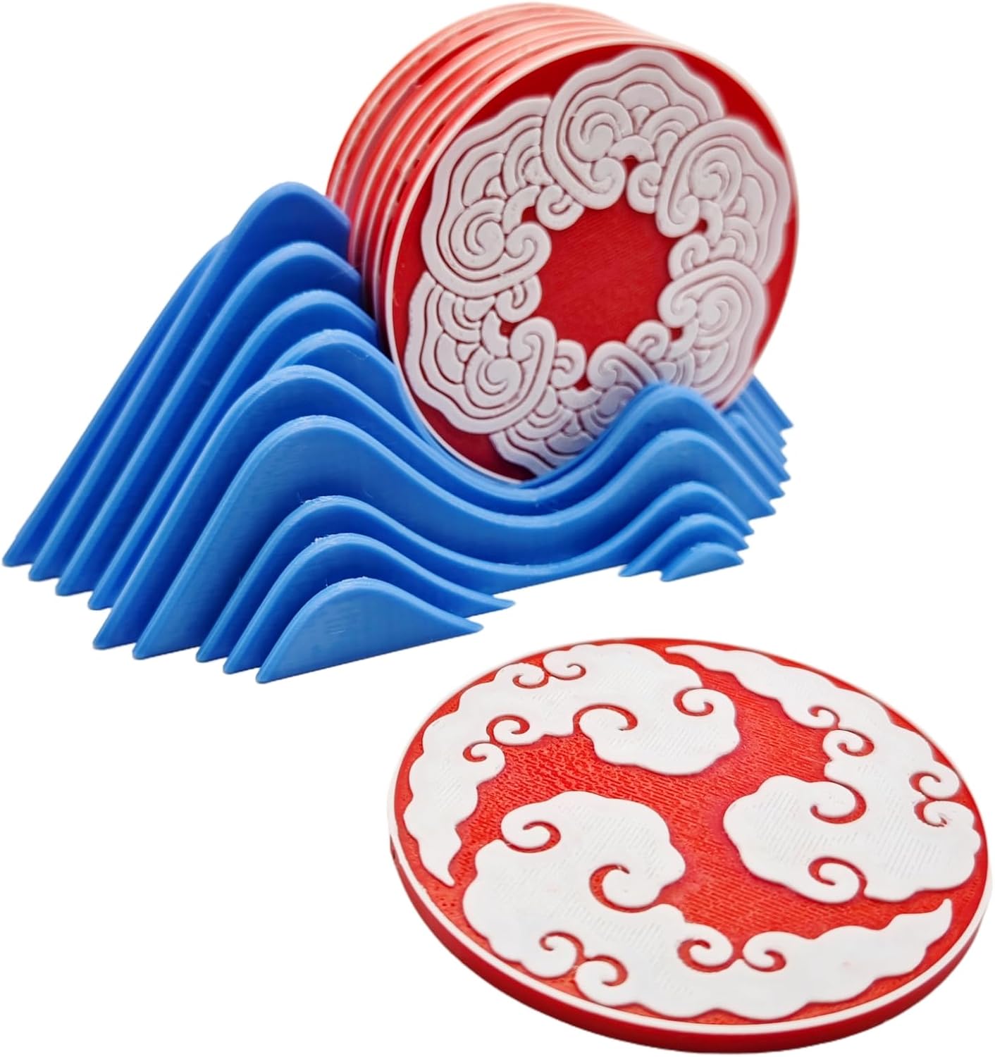 7Pcs Creative Auspicious Cloud Coaster with Mountain Holder, Vintage Style Drink Coaster, Suitable for Kinds of Cups, Classic Style Coasters for Coffee Table, 3.15 Inch