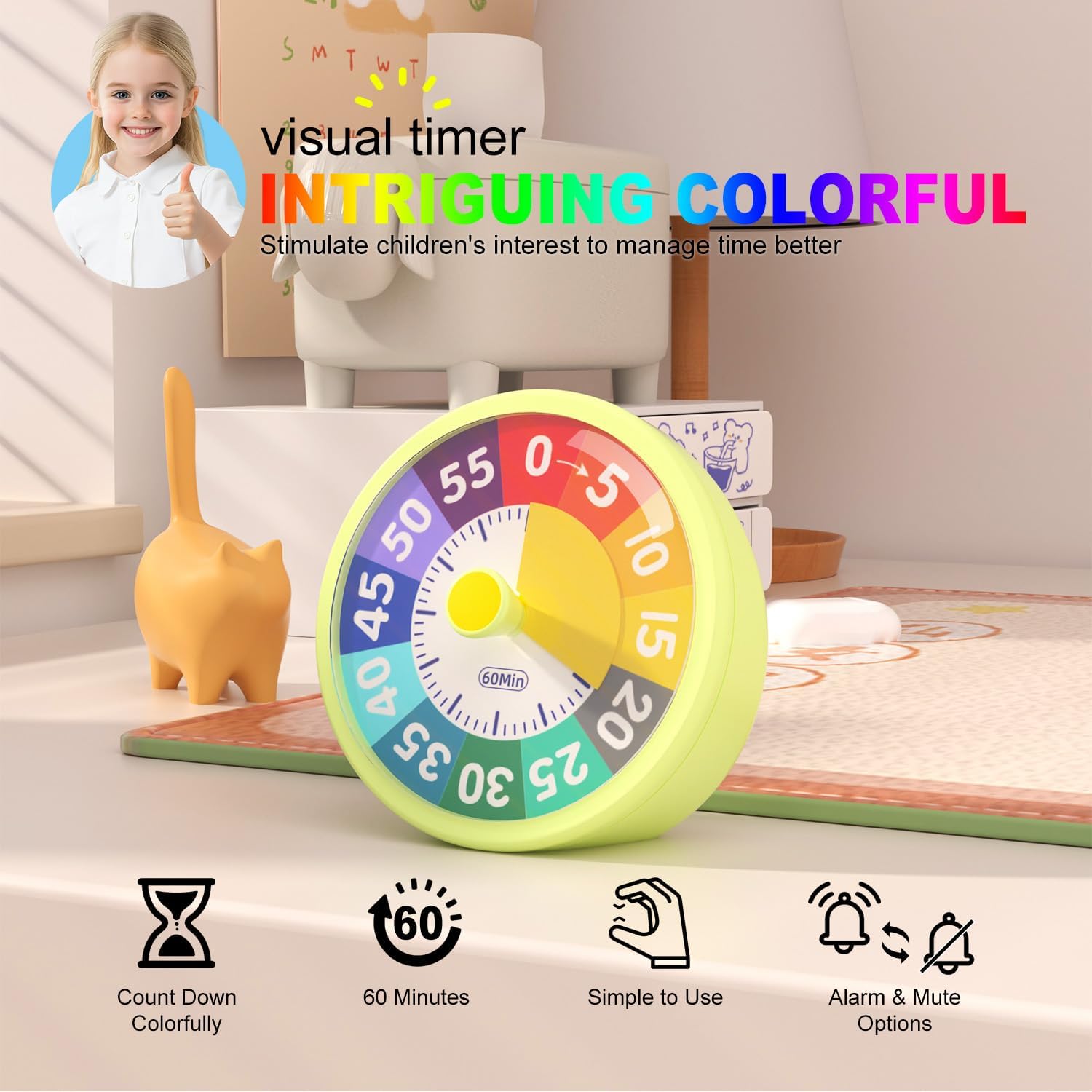 60 Minute Visual Timer for Classroom Kids Teachers, 4-Inch Countdown Timer for Kitchen Cooking, Toddler, Training, Study, Work Battery Not Included