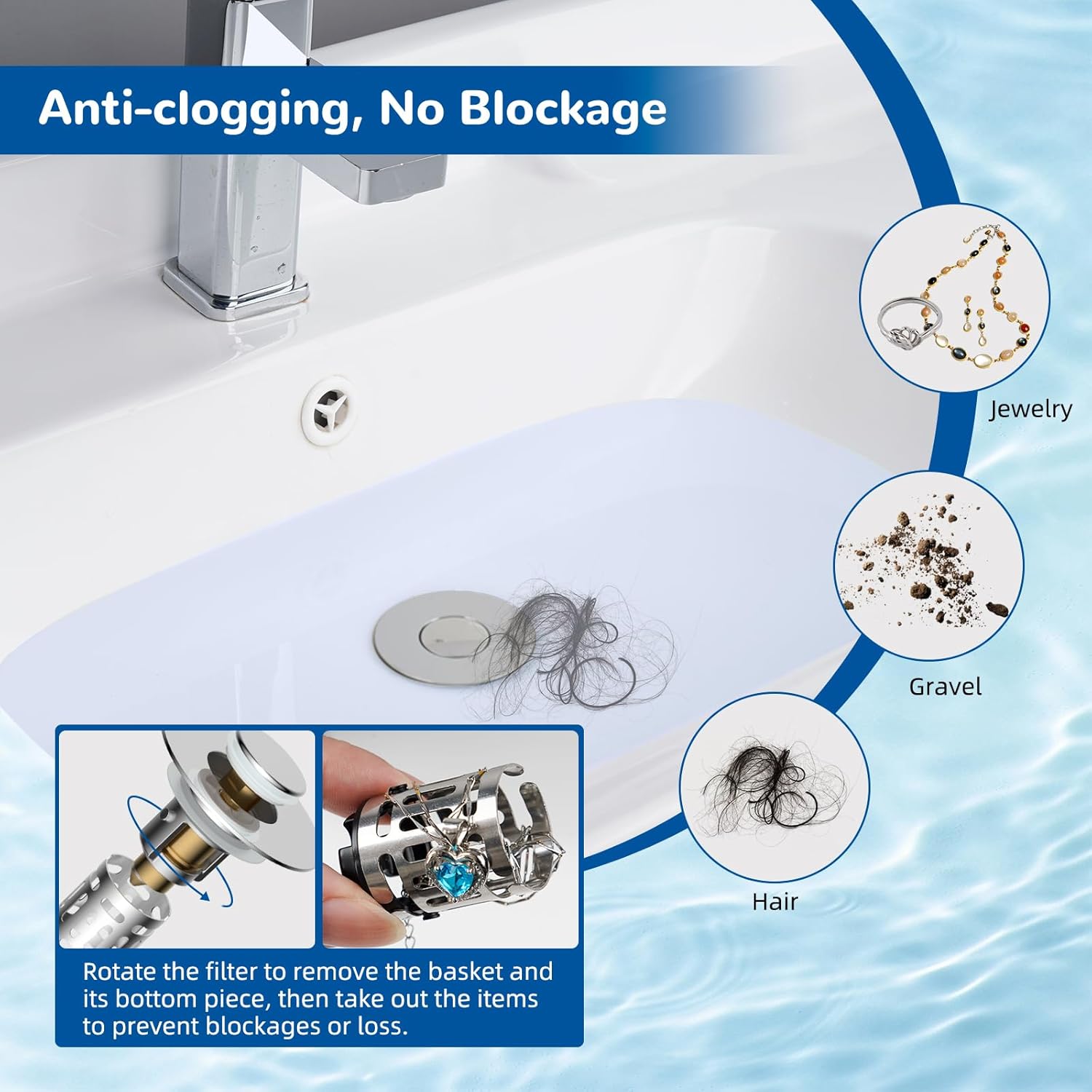 Upgraded 3 in 1 Bathroom Sink Drain Strainer, Universal Pop Up Stopper with Removable Stainless Steel Filter Basket Hair Catcher, Sink Plug for 1.1'' 2.36'' Basin, Brass Bullet Core, Chrome