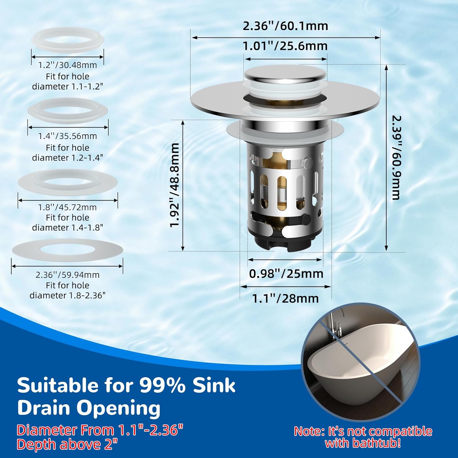 Upgraded 3 in 1 Bathroom Sink Drain Strainer, Universal Pop Up Stopper with Removable Stainless Steel Filter Basket Hair Catcher, Sink Plug for 1.1'' 2.36'' Basin, Brass Bullet Core, Chrome