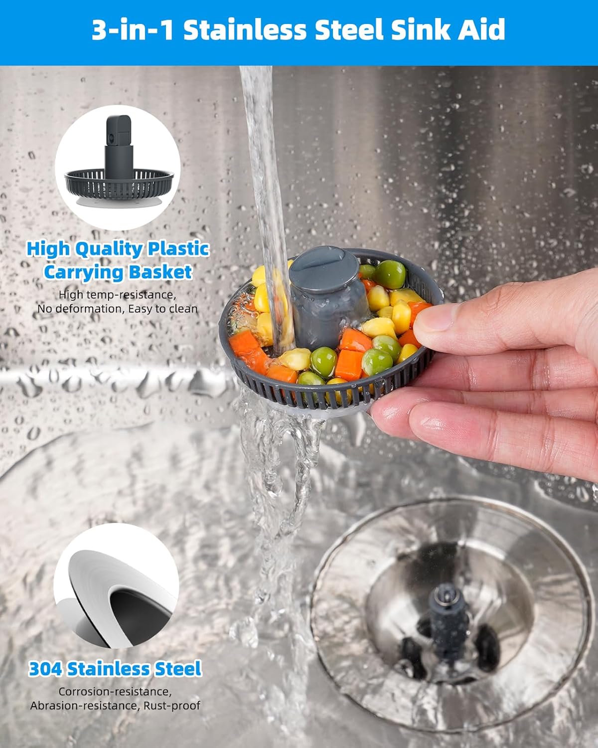 Upgraded 3 in 1 Kitchen Sink Drain Strainer and Stopper Combo, Stainless Steel Metal Pop Up Sink Stopper, Anti-Clogging Basket Strainer with Handle for US Standard 3-1/2 Inch Drain, Grey