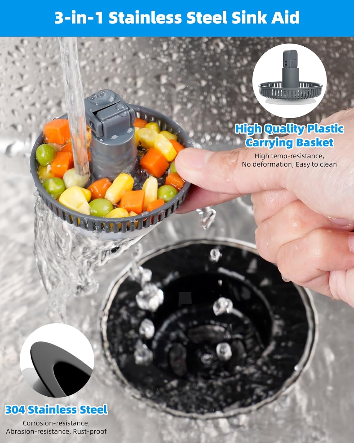 3 in 1 Kitchen Sink Drain Strainer and Stopper Combo, Stainless Steel Metal Pop Up Sink Stopper, Anti-Clogging Basket Strainer with Foldable Handle for US Standard 3-1/2" Drain, Matte Black
