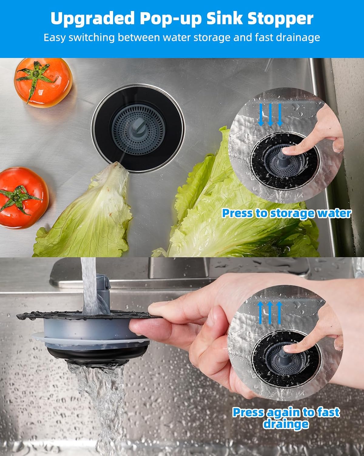 3 in 1 Kitchen Sink Drain Strainer and Stopper Combo, Stainless Steel Metal Pop Up Sink Stopper, Anti-Clogging Basket Strainer with Foldable Handle for US Standard 3-1/2" Drain, Matte Black