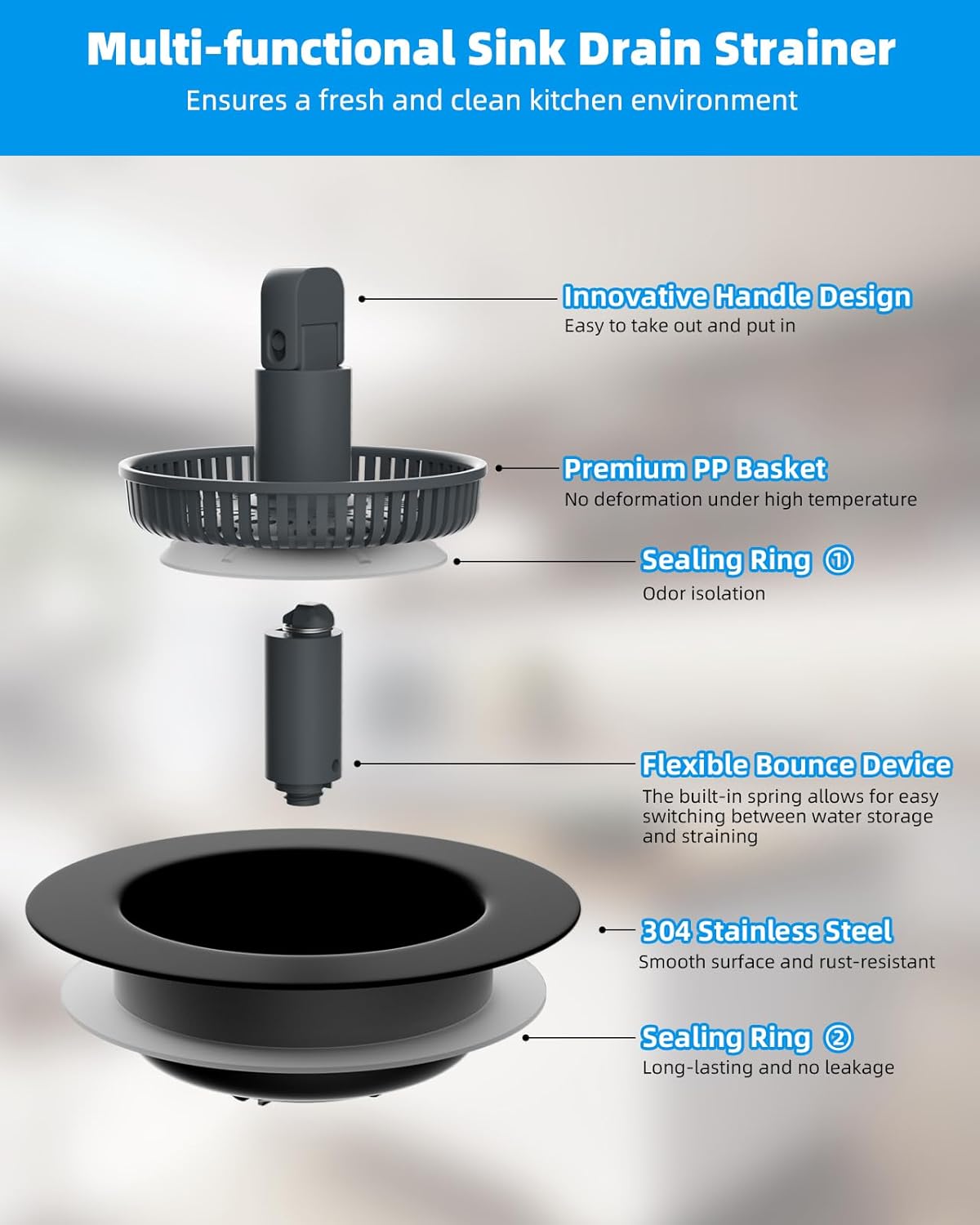 3 in 1 Kitchen Sink Drain Strainer and Stopper Combo, Stainless Steel Metal Pop Up Sink Stopper, Anti-Clogging Basket Strainer with Foldable Handle for US Standard 3-1/2" Drain, Matte Black