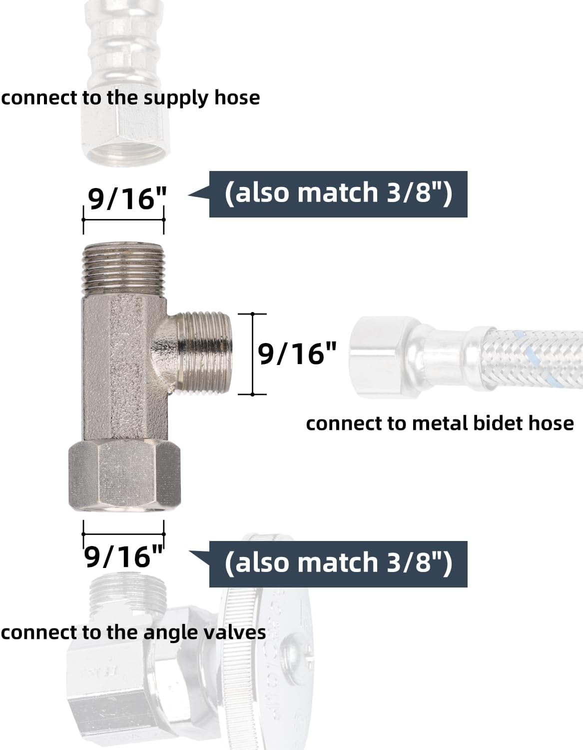 Bidet T Adapter, Metal T Valve for Bidet 3/8” x 3/8” x 3/8” , 3 Way Tee Connector Bidet Attachment for Toilet