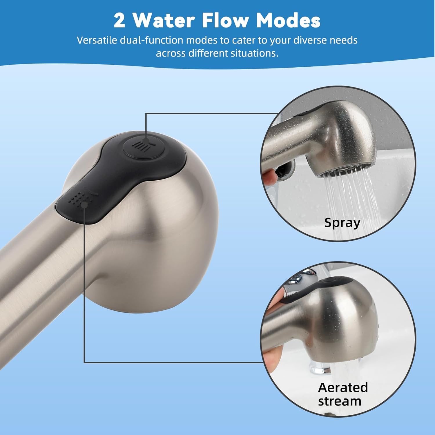 Replacement Sprayer Pull Out Spray Head for Kitchen Sink Faucet G1/2 or 13/16inch Thread 2-Function Stream Aerated Flow- Brushed Nickel
