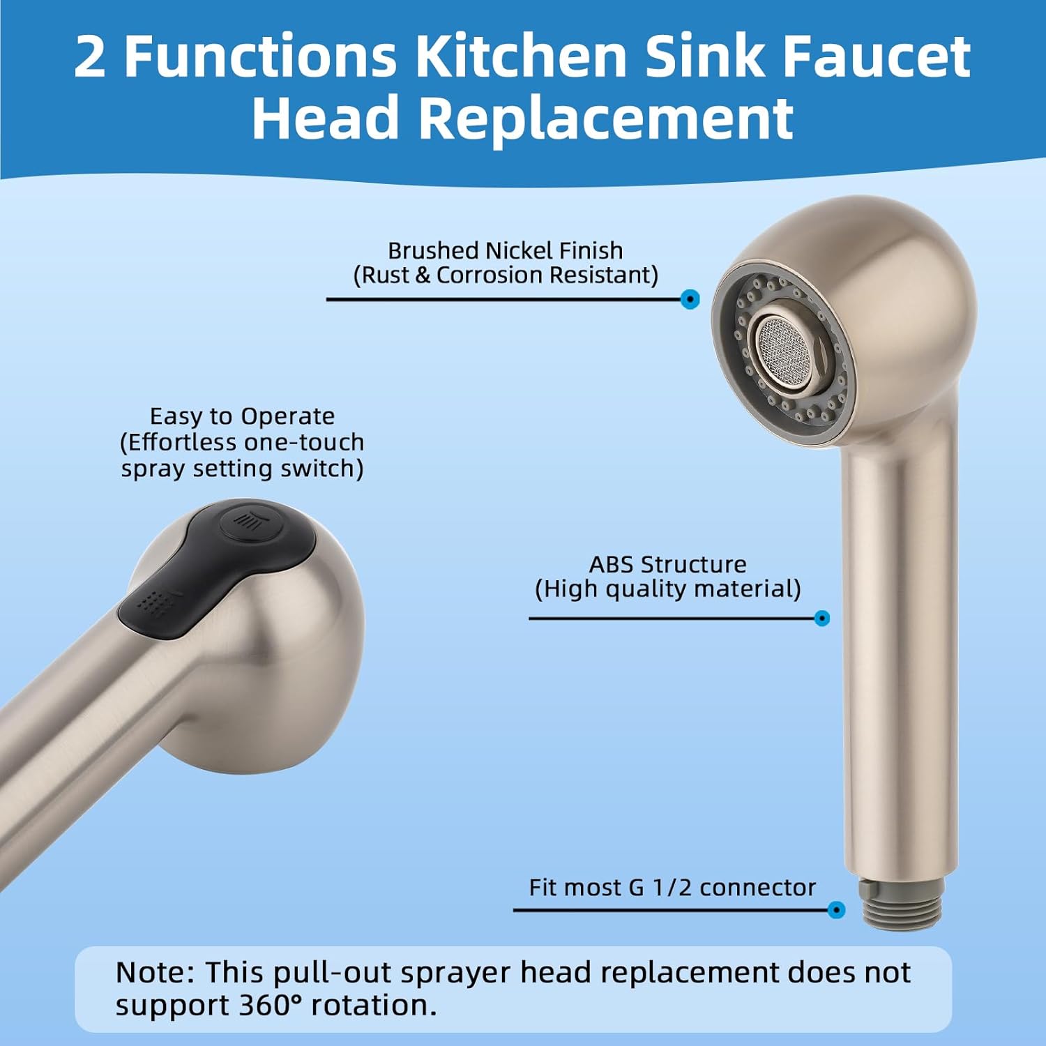 Replacement Sprayer Pull Out Spray Head for Kitchen Sink Faucet G1/2 or 13/16inch Thread 2-Function Stream Aerated Flow- Brushed Nickel
