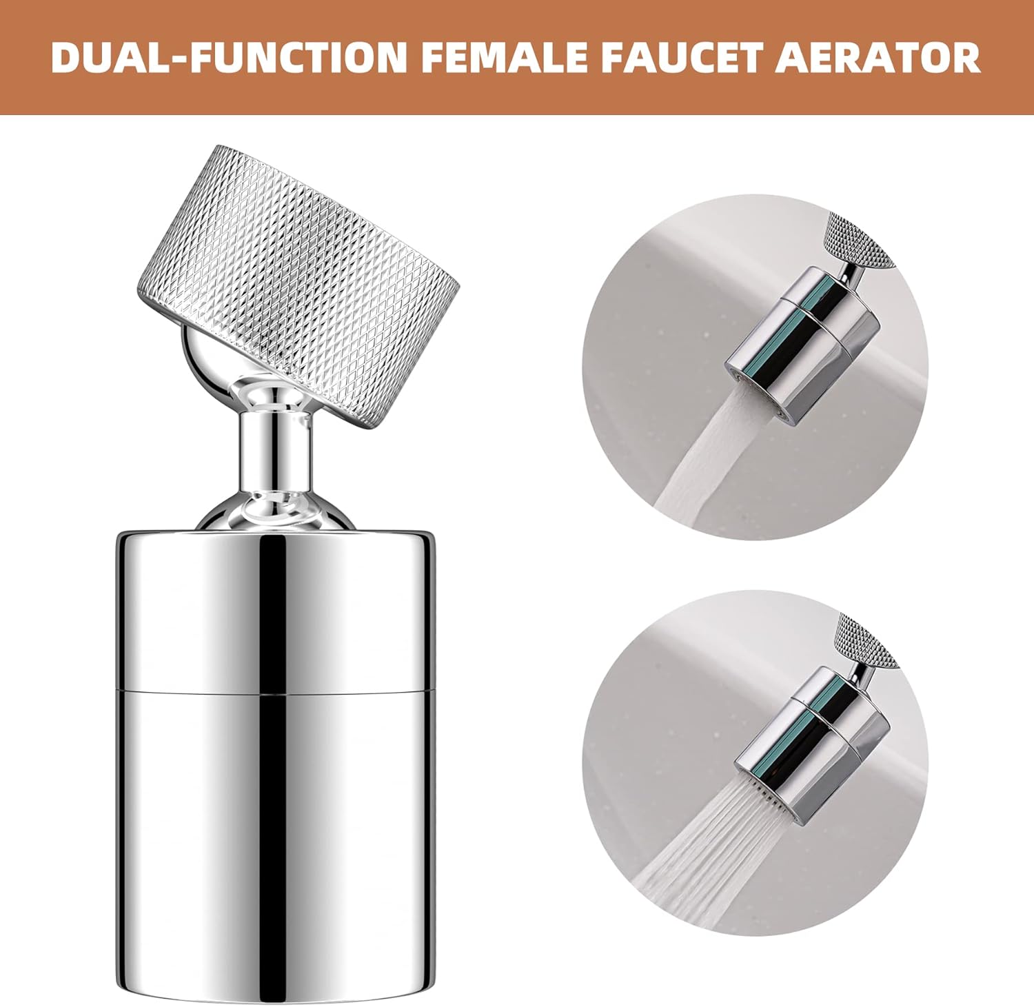 Dual-Function Female Faucet Aerator, 1.8 GPM Extra Big Angle Rotate Kitchen Sink Aerator Sprayer Head 360 Degree Swivel Kitchen Sink Sprayer Attachment-55/64 Inch-27UNS Female Thread-Chrome