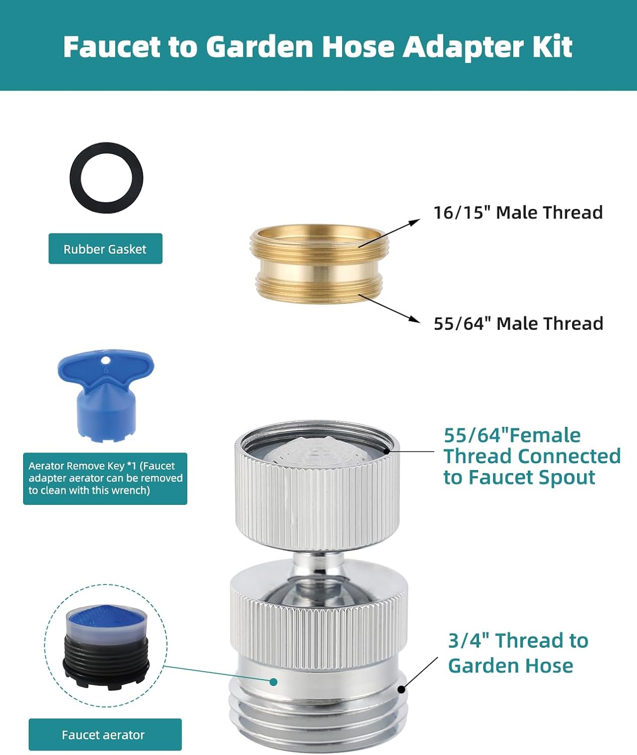 Swivel Faucet Adapter Kit, Solid Brass 3/4" Garden Hose Adapter with Aerator, 360 Degree Kitchen Sink Faucet Aerator Adapter for Female and Male to Male, Chrome