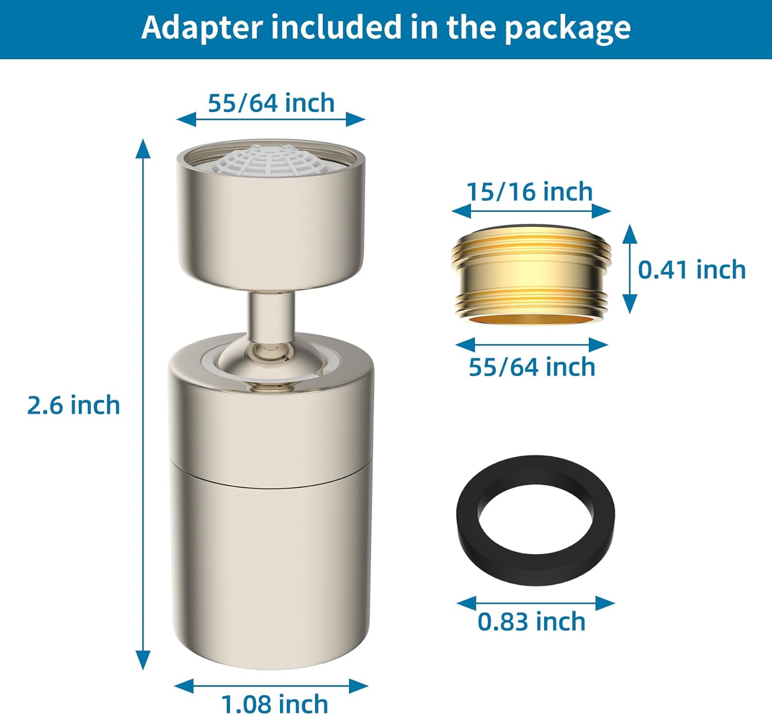 NSF/ANSI/CAN 61 Certified Faucet Aerator, Kitchen Sink Faucet Aerator, 2 Water Flow CUPC Certification 360-degree Swivel Faucet Extender, 55/64 Inch Female Thread, Water Saving-Brushed Nickel