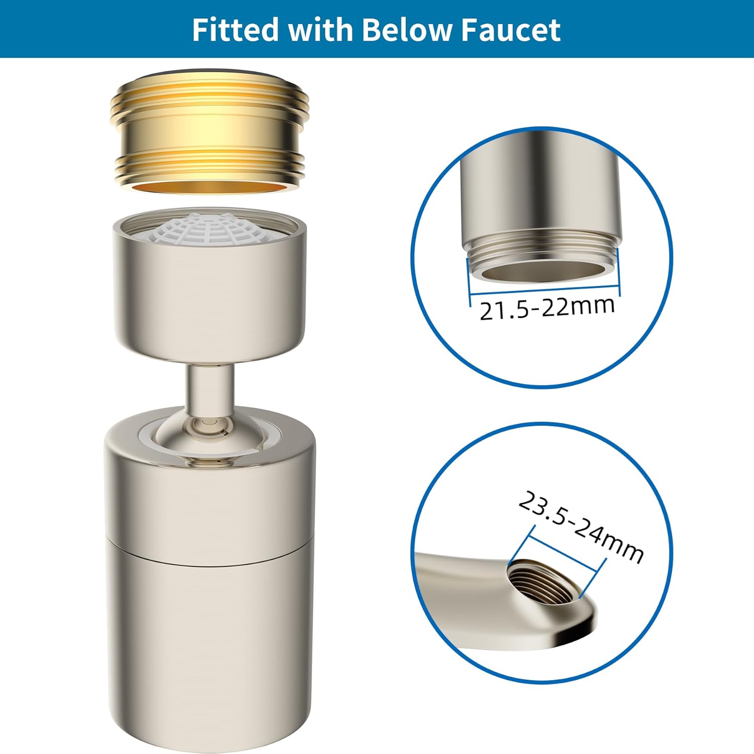 NSF/ANSI/CAN 61 Certified Faucet Aerator, Kitchen Sink Faucet Aerator, 2 Water Flow CUPC Certification 360-degree Swivel Faucet Extender, 55/64 Inch Female Thread, Water Saving-Brushed Nickel