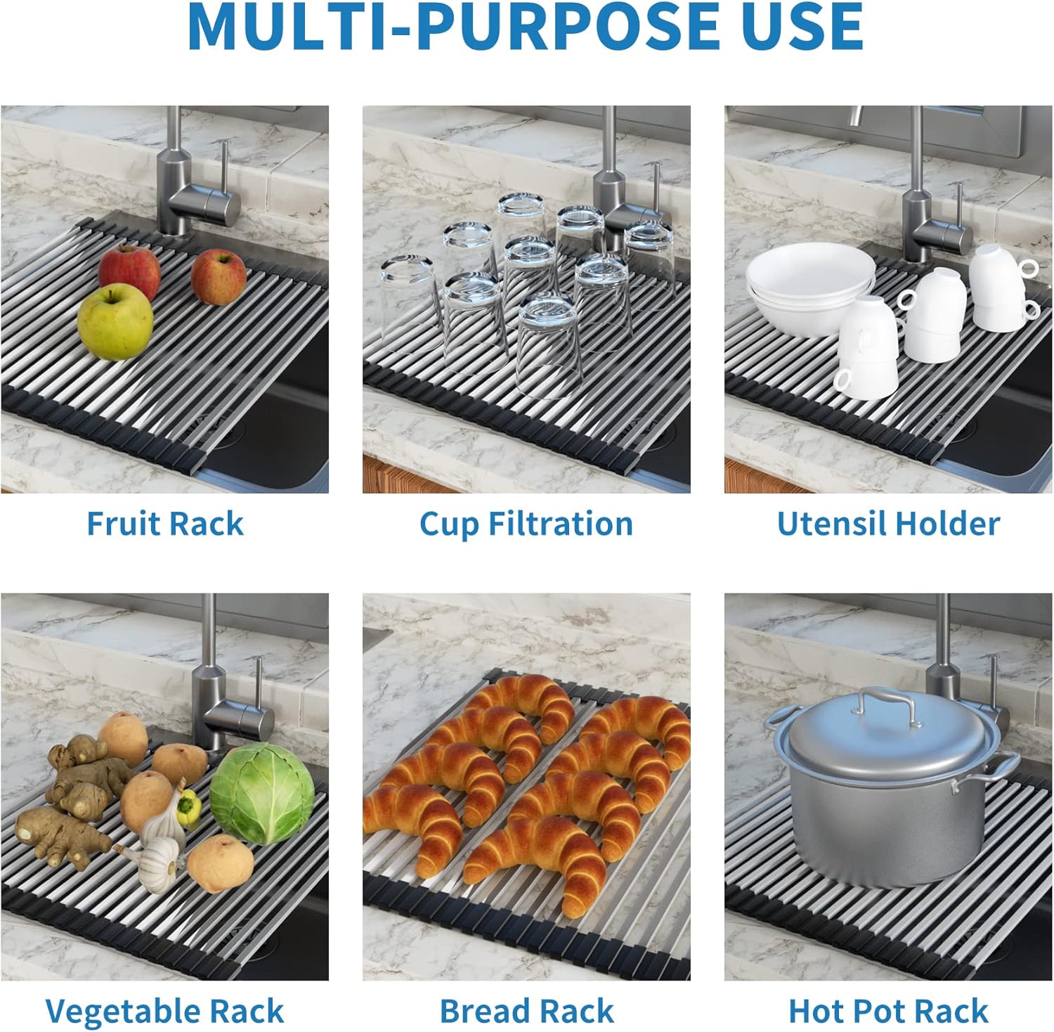 Roll Up Dish Drying Rack, Extra Large Dish Rack Over The Sink, Multipurpose Stainless Steel Rollup Sink Matt for Dishes, Portable Kitchen Accessories Dish Drainer, Foldable 20.5''x17.5''