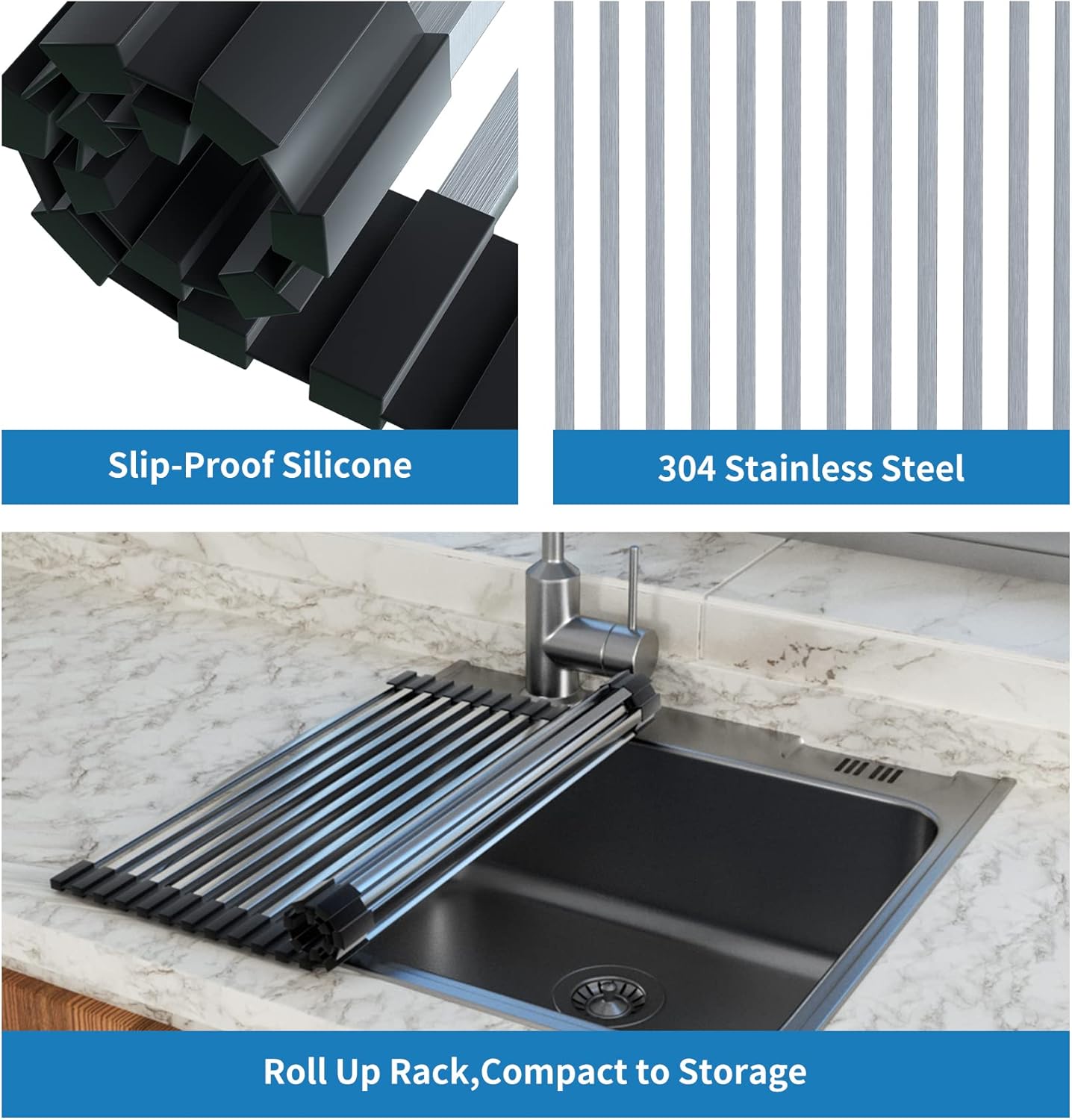 Roll Up Dish Drying Rack, Extra Large Dish Rack Over The Sink, Multipurpose Stainless Steel Rollup Sink Matt for Dishes, Portable Kitchen Accessories Dish Drainer, Foldable 20.5''x17.5''