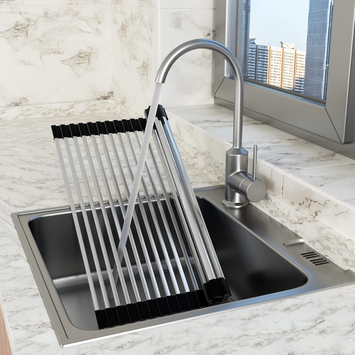 Roll Up Dish Drying Rack, Extra Large Dish Rack Over The Sink, Multipurpose Stainless Steel Rollup Sink Matt for Dishes, Portable Kitchen Accessories Dish Drainer, Foldable 20.5''x17.5''