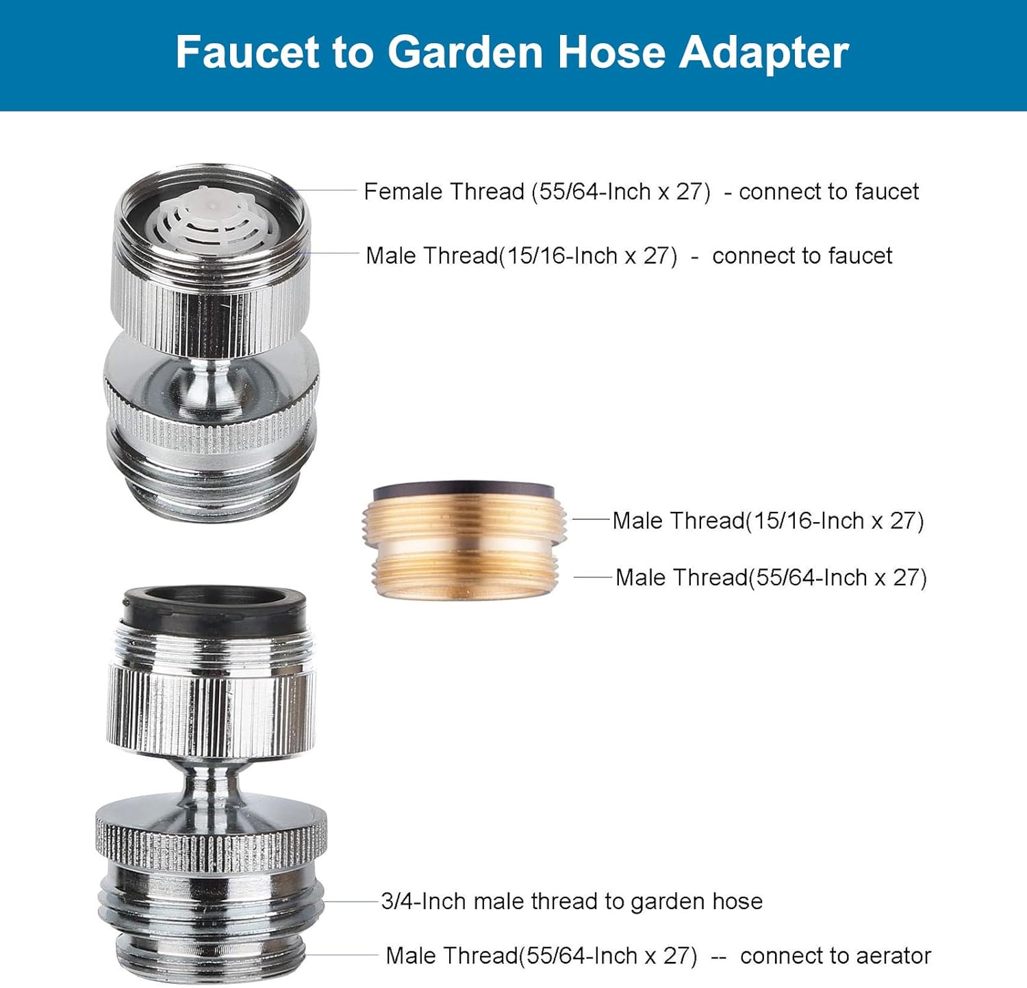 Faucet Adapter Kit, Swivel Aerator Adapter to Connect Garden Hose - Multi-Thread Kitchen Sink Faucet to Garden Hose Adapter 3/4 Inch - Chrome Finished