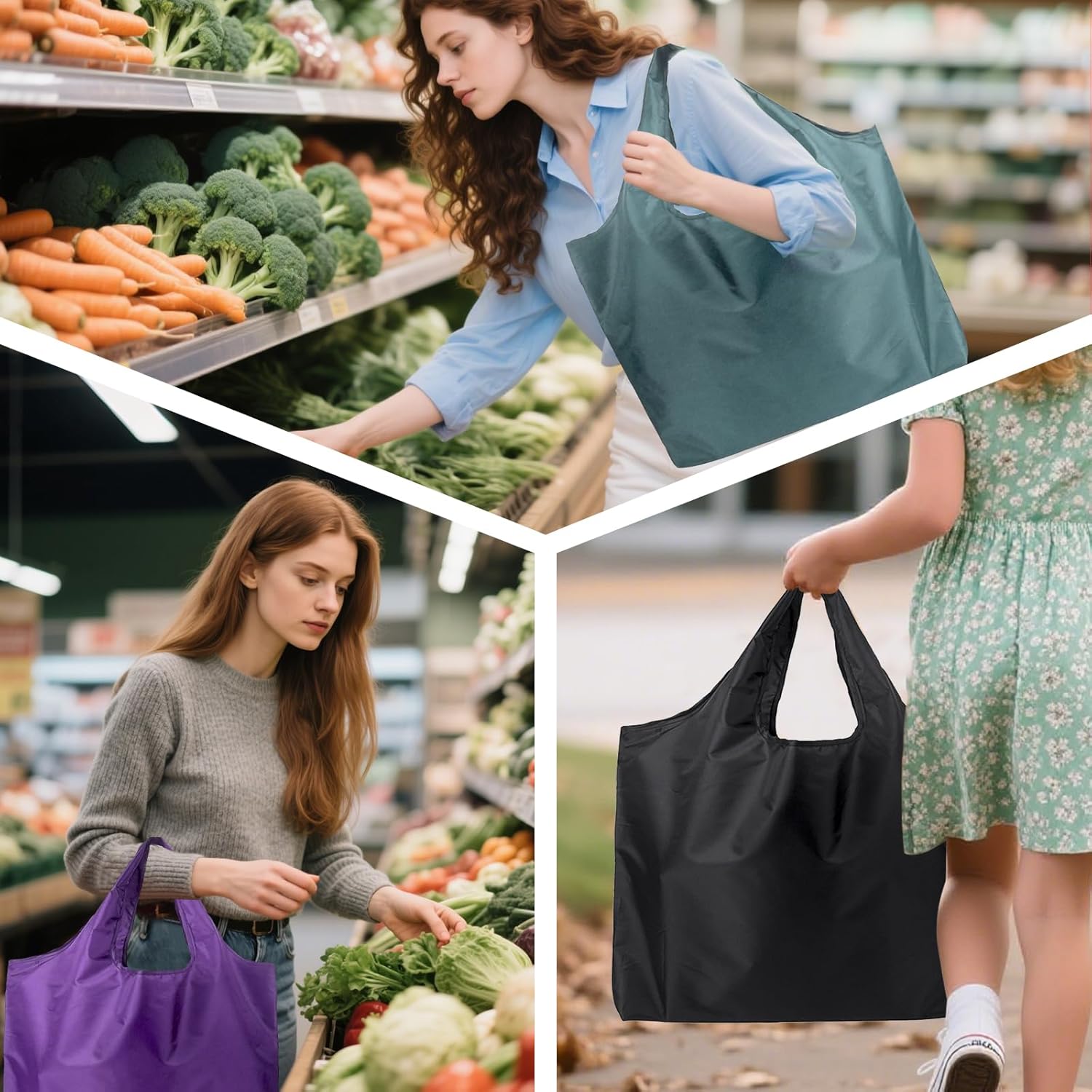 Store Grocery Bags 2 Pack Large Foldable Shopping Bag Folding into Attached Elastic Bands 44x40cm Reusable Washable