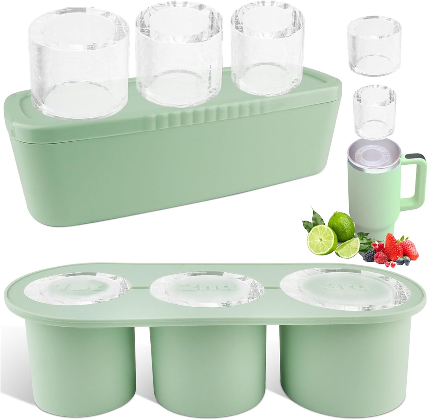 Store Ice Cube Tray for Stanley Cup 30-40 oz Tumbler 3pcs Silicone Ice Cube Molds With Lid and Bin for Chilling Cocktails Whiskey Drinks Juice Coffee Easy Fill and Release Ice Maker Green, 40 oz