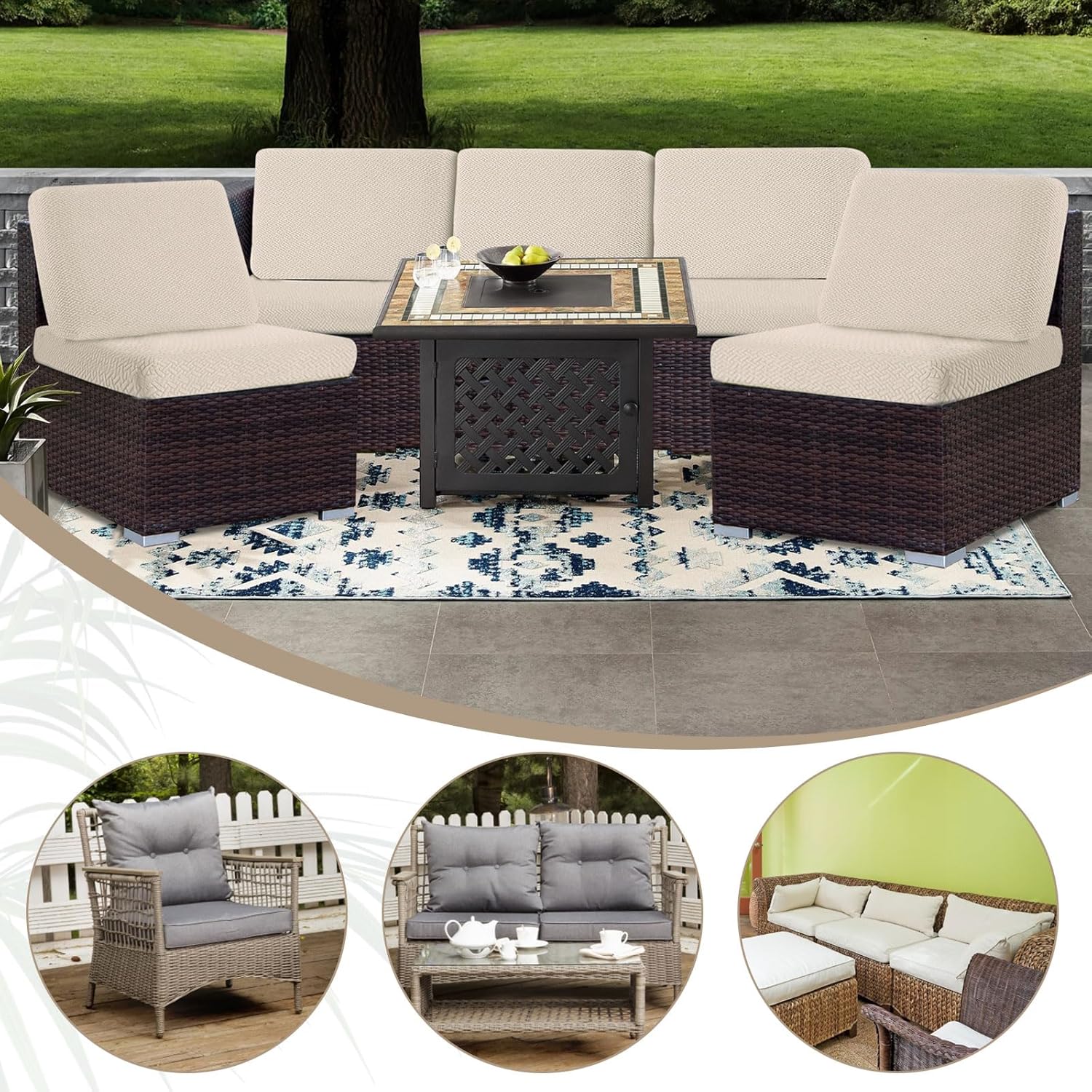 Outdoor Waterproof Couch Cushion Covers, Stretch Individual Patio Chair Cushion Outdoor Seat Cushion Pad Replacement Sofa Cushion Protector Sofa Slipcover Cream, 2Pcs