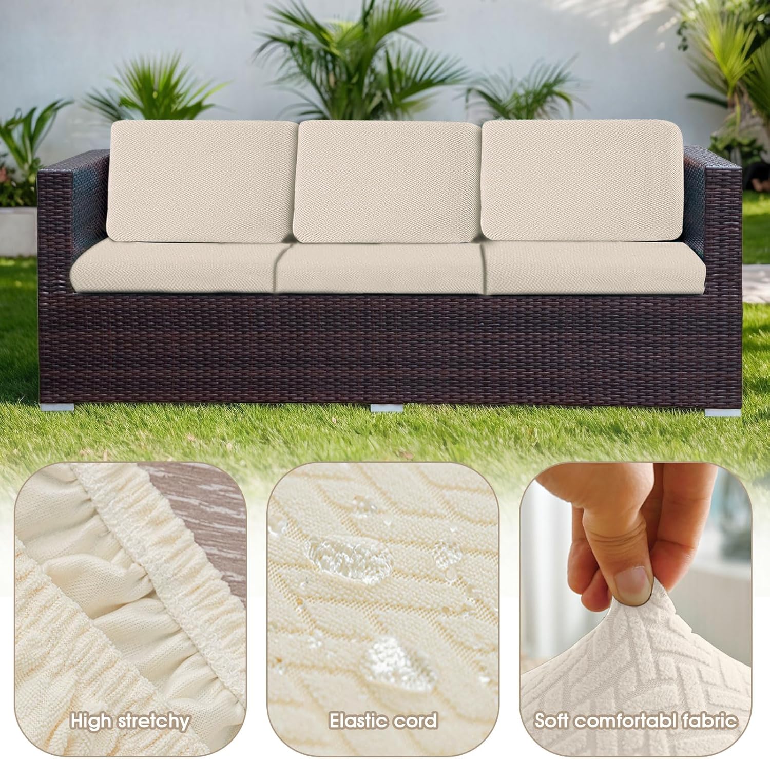 Outdoor Waterproof Couch Cushion Covers, Stretch Individual Patio Chair Cushion Outdoor Seat Cushion Pad Replacement Sofa Cushion Protector Sofa Slipcover Cream, 2Pcs