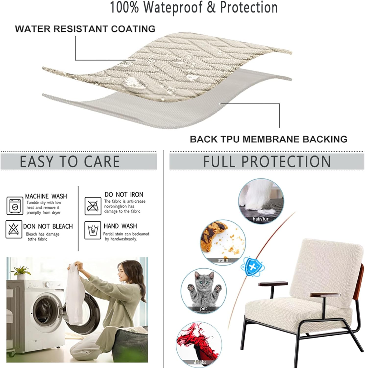 Outdoor Waterproof Couch Cushion Covers, Stretch Individual Patio Chair Cushion Outdoor Seat Cushion Pad Replacement Sofa Cushion Protector Sofa Slipcover Cream, 2Pcs