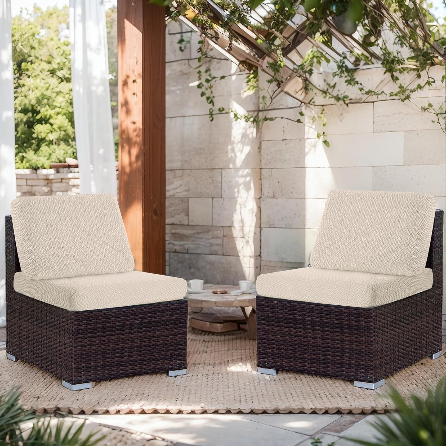 Outdoor Waterproof Couch Cushion Covers, Stretch Individual Patio Chair Cushion Outdoor Seat Cushion Pad Replacement Sofa Cushion Protector Sofa Slipcover Cream, 2Pcs