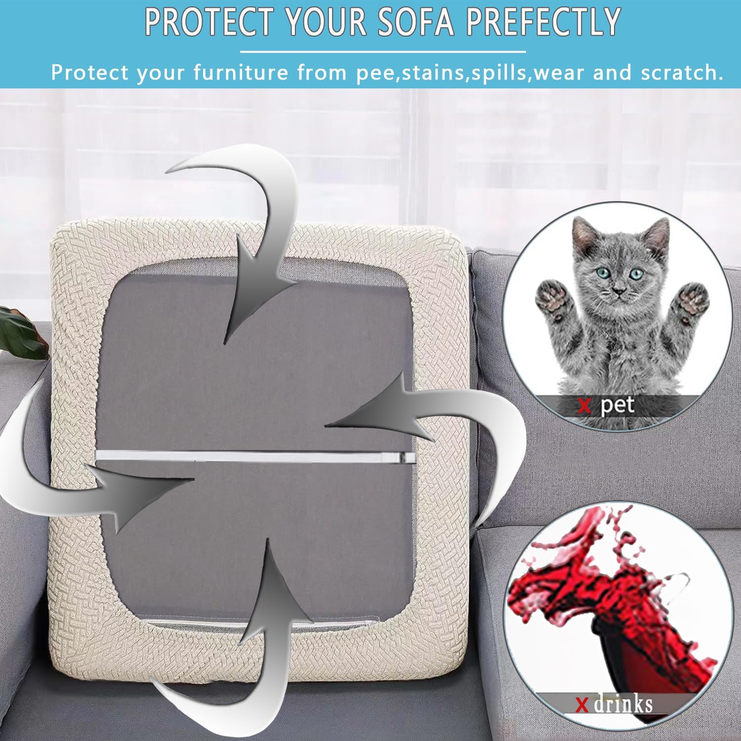 Outdoor Waterproof Couch Cushion Covers, Stretch Individual Patio Chair Cushion Outdoor Seat Cushion Pad Replacement Sofa Cushion Protector Sofa Slipcover Cream, 2Pcs