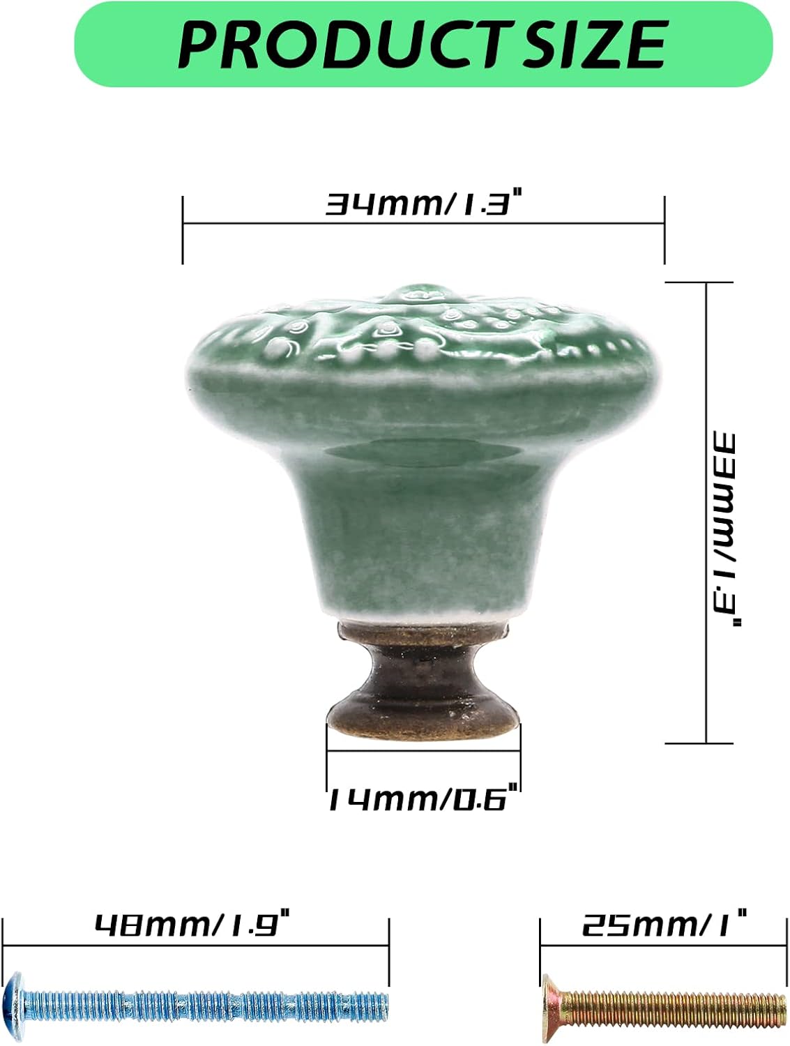 Green Ceramic knobs, Kitchen Cabinet Knobs, Retro Dresser Knobs, Drawer Knobs, Furniture Decorative Knobs and Pulls for Drawer, Dressers, Cupboard, Closet, 34mm / 1.3Inch Diameter 10Pcs