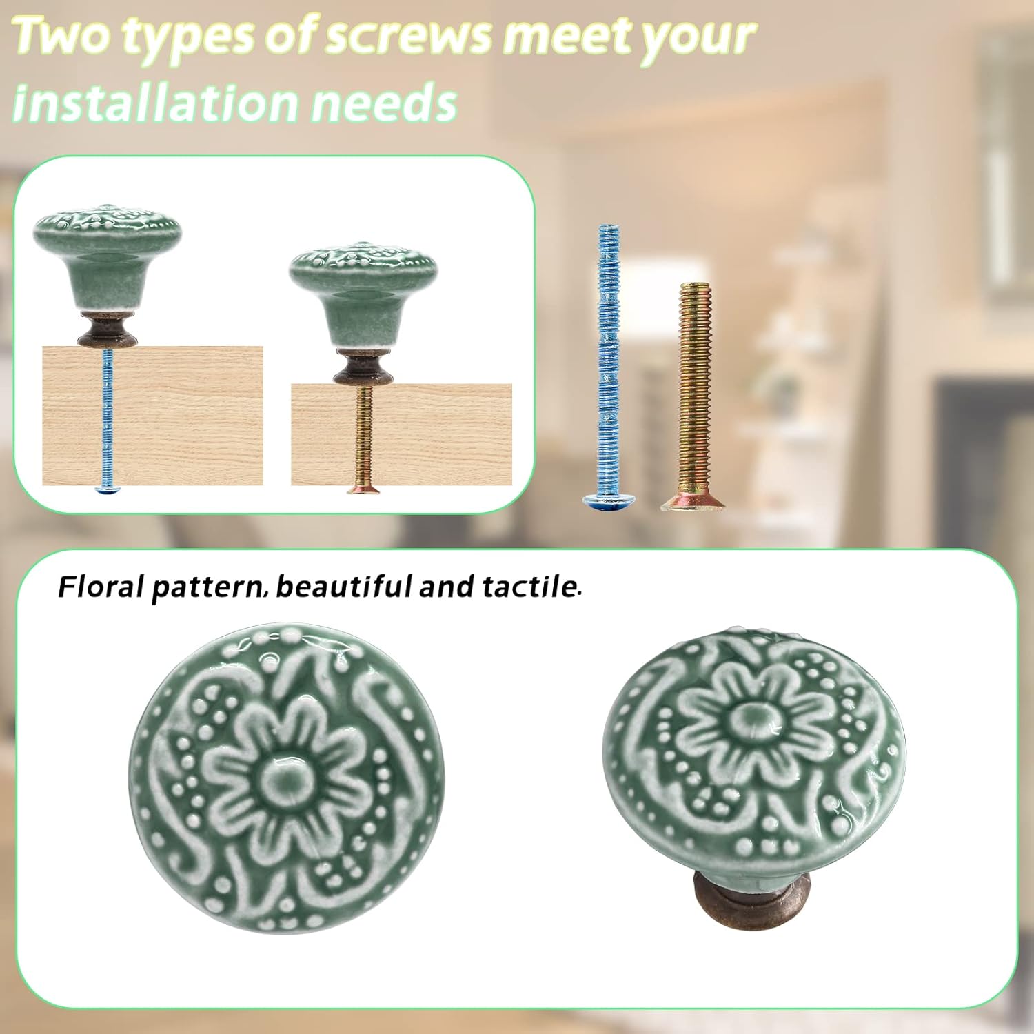 Green Ceramic knobs, Kitchen Cabinet Knobs, Retro Dresser Knobs, Drawer Knobs, Furniture Decorative Knobs and Pulls for Drawer, Dressers, Cupboard, Closet, 34mm / 1.3Inch Diameter 10Pcs