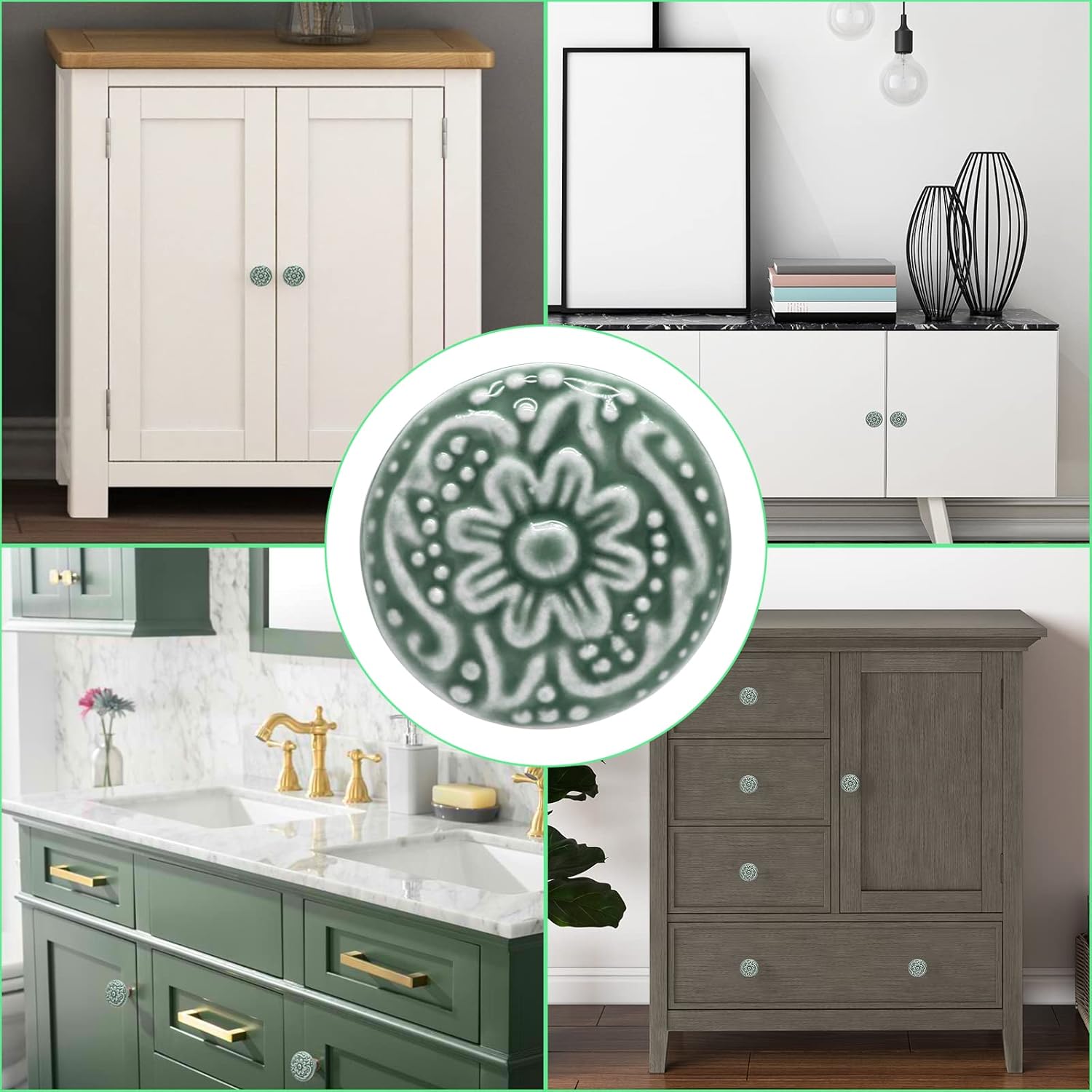 Green Ceramic knobs, Kitchen Cabinet Knobs, Retro Dresser Knobs, Drawer Knobs, Furniture Decorative Knobs and Pulls for Drawer, Dressers, Cupboard, Closet, 34mm / 1.3Inch Diameter 10Pcs