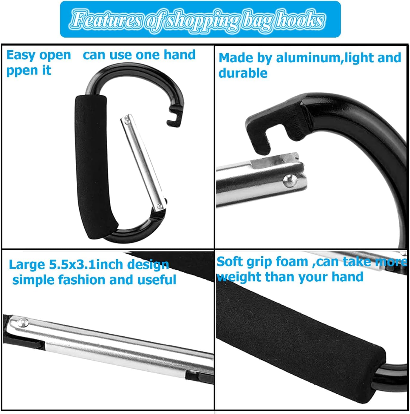 Stroller Hooks by Baby,Large Stroller Hooks for Mommy, 2 pcs Carabiner Stroller Hook Organizer for Hanging Purses, Diaper Bag, Shopping Bags Sky Blue