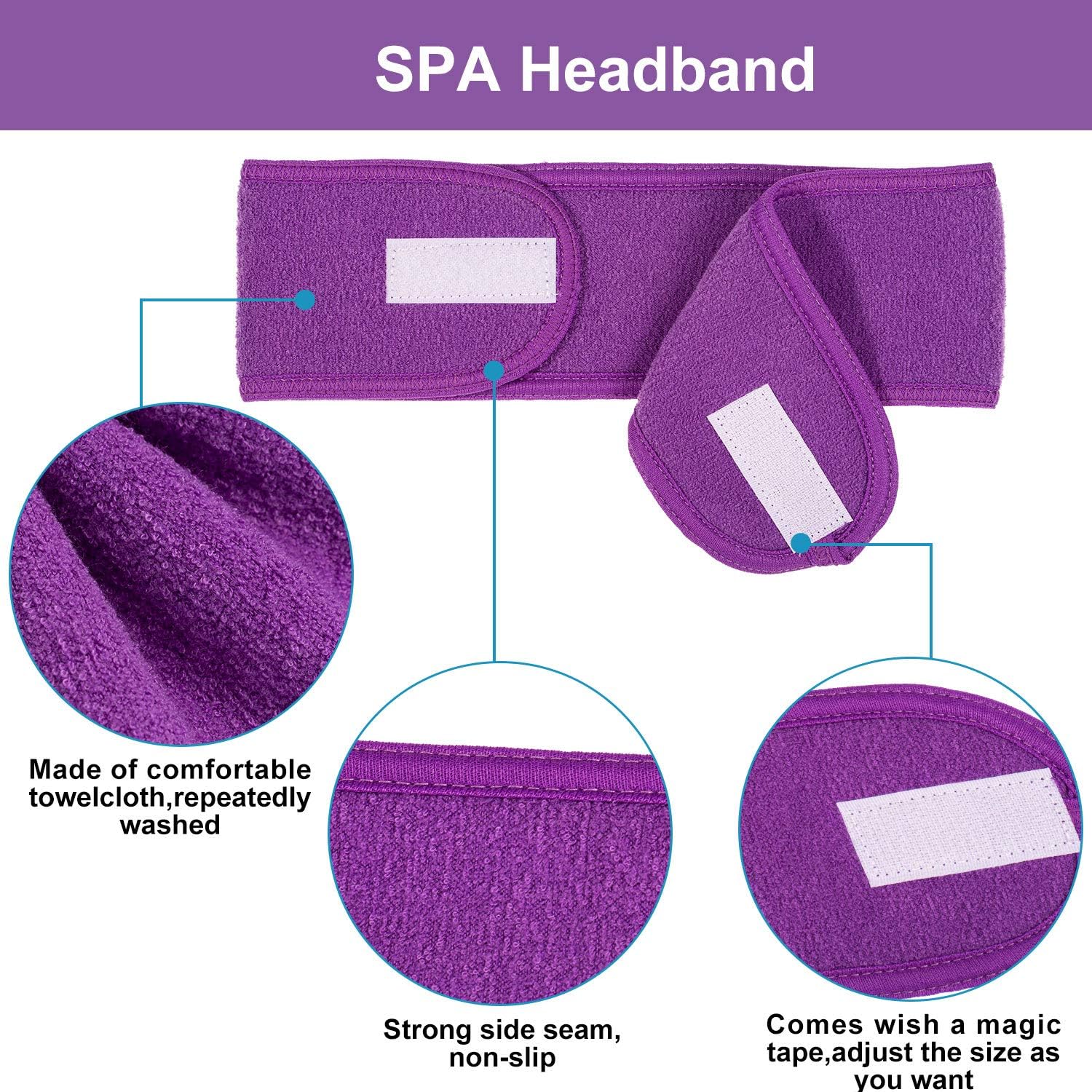 Spa Facial Headband 4 Packs Head Wrap Terry Cloth Headband Adjustable Stretch Towel for Bath, Makeup and Sport Purple