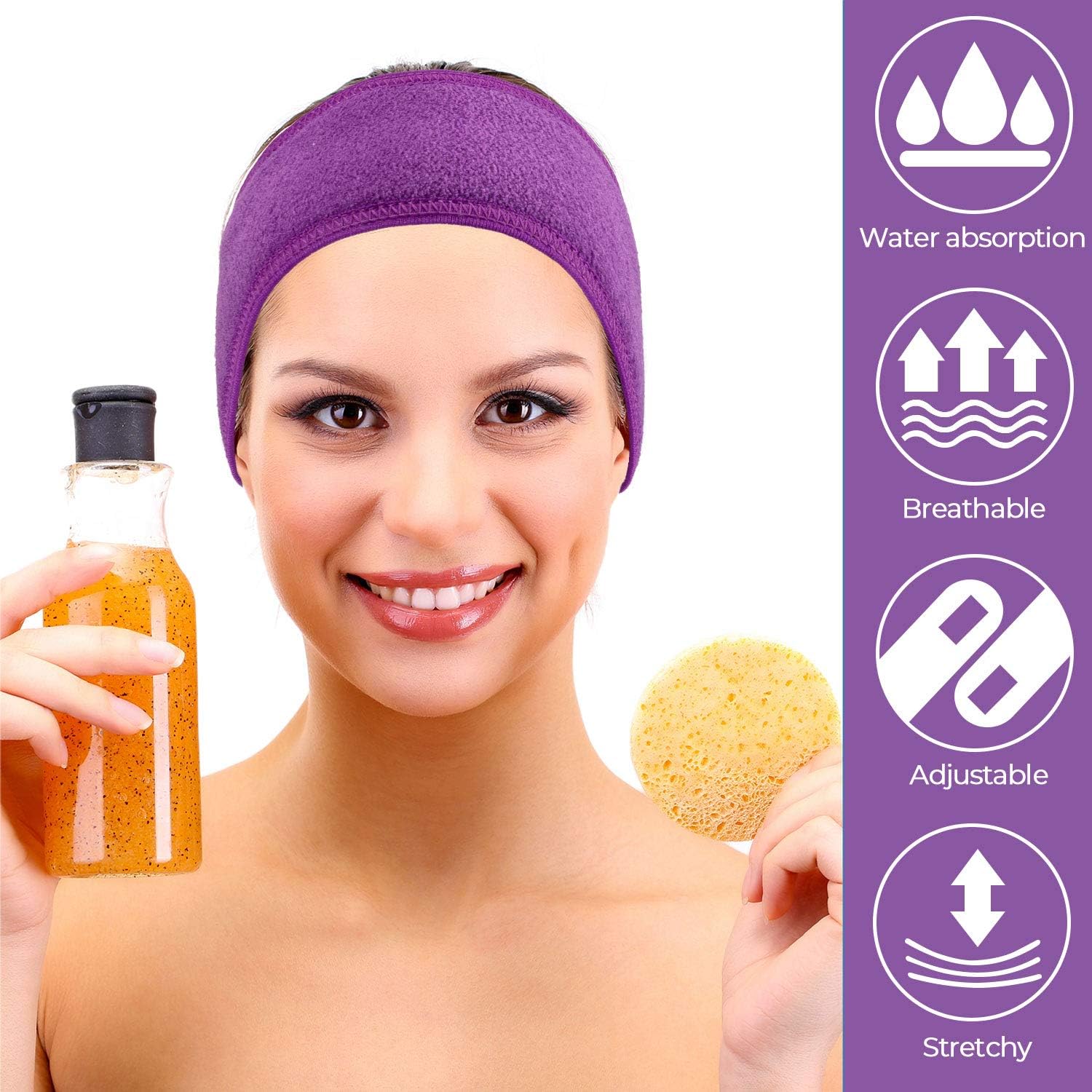 Spa Facial Headband 4 Packs Head Wrap Terry Cloth Headband Adjustable Stretch Towel for Bath, Makeup and Sport Purple