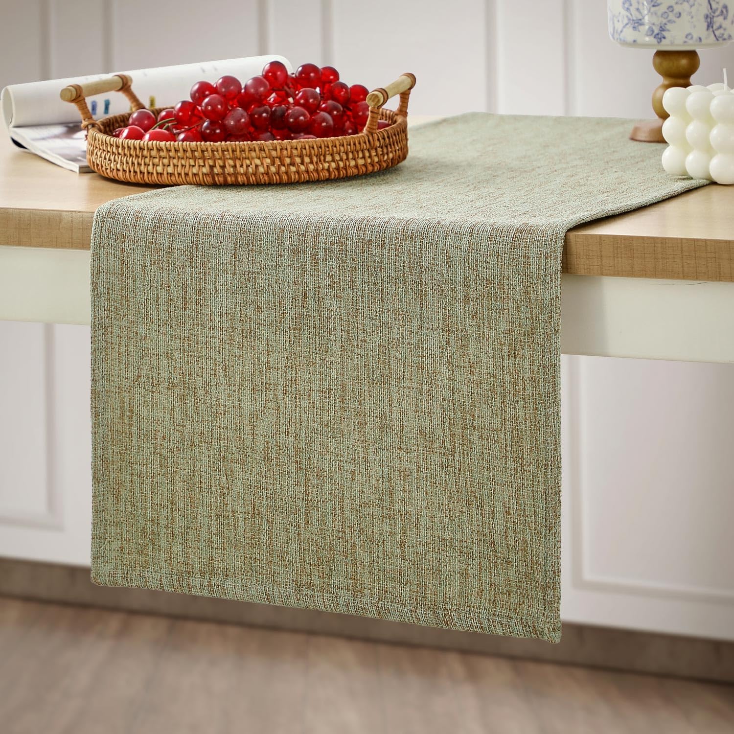 Rustic Table Runner Boho Style, Handmade Sage Green Table Runner 36 Inches Long for Home Dining,Coffee Table,Kitchen,13x36