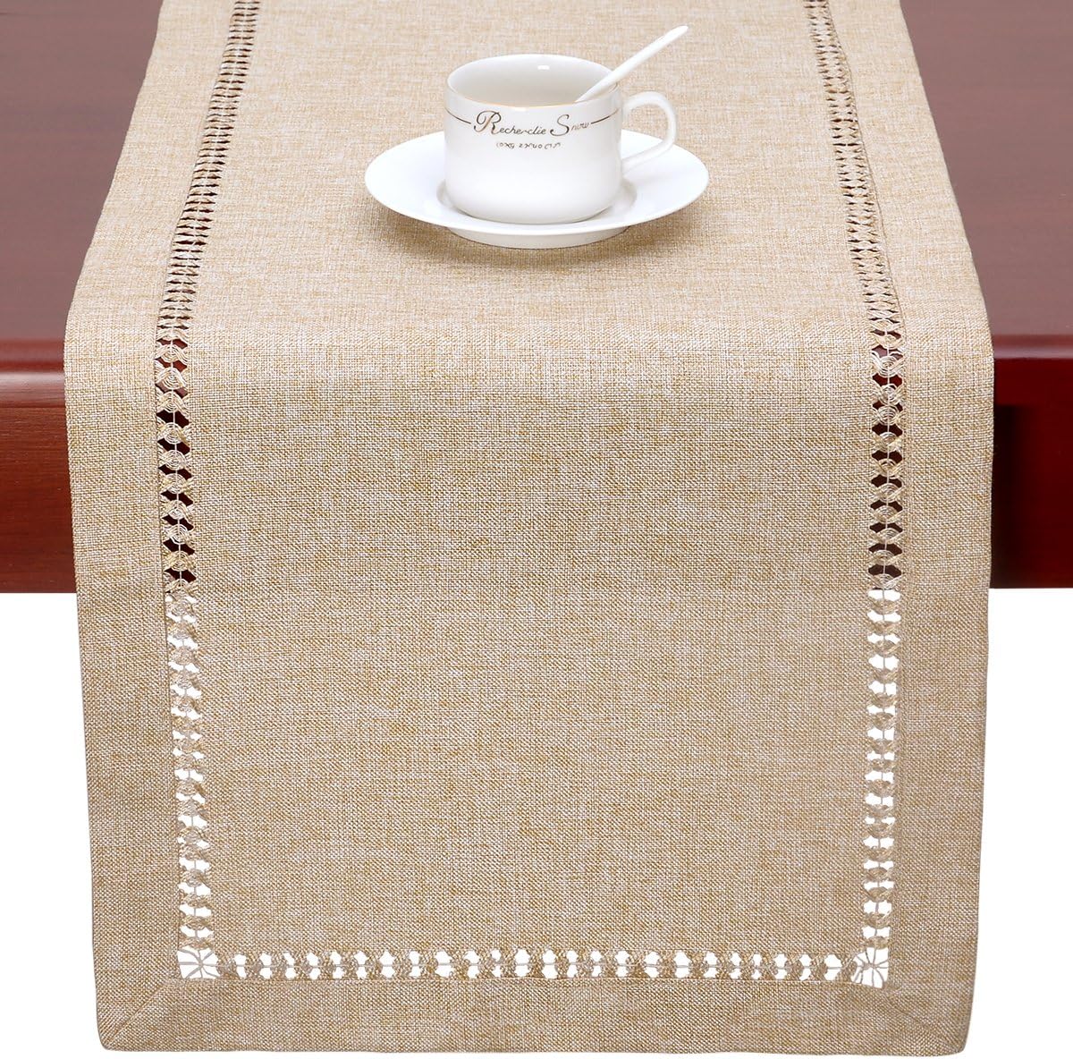Handmade Hemstitch Beige Table Runner Or Dresser Scarf, Rectangular 14 By 108 Inch