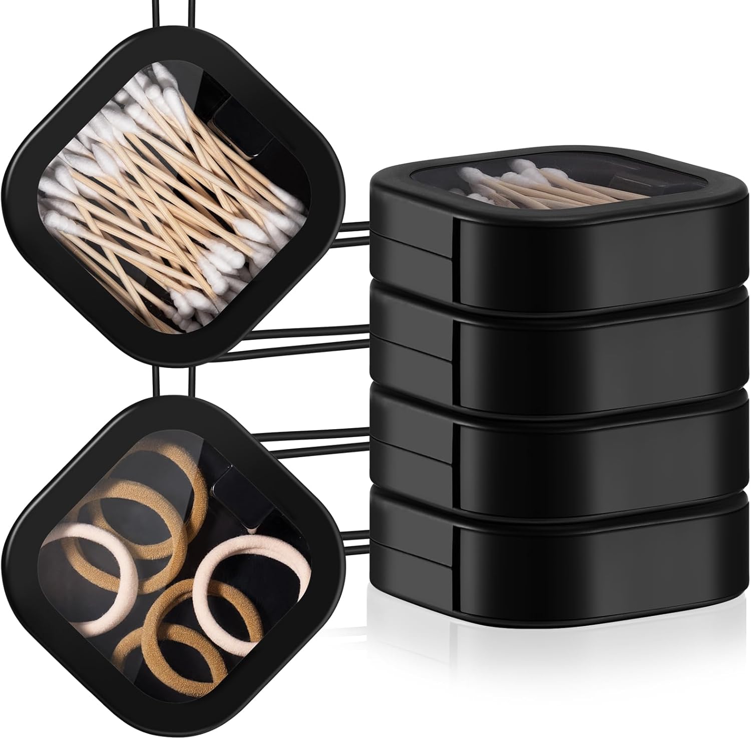4 Pcs Black Hair Tie Organizer Portable Hair Accessory Storage Containers Stackable Tie Bobby Pin Holder Home Cotton Swab Dispenser Accessories Jewelry Organizer Box