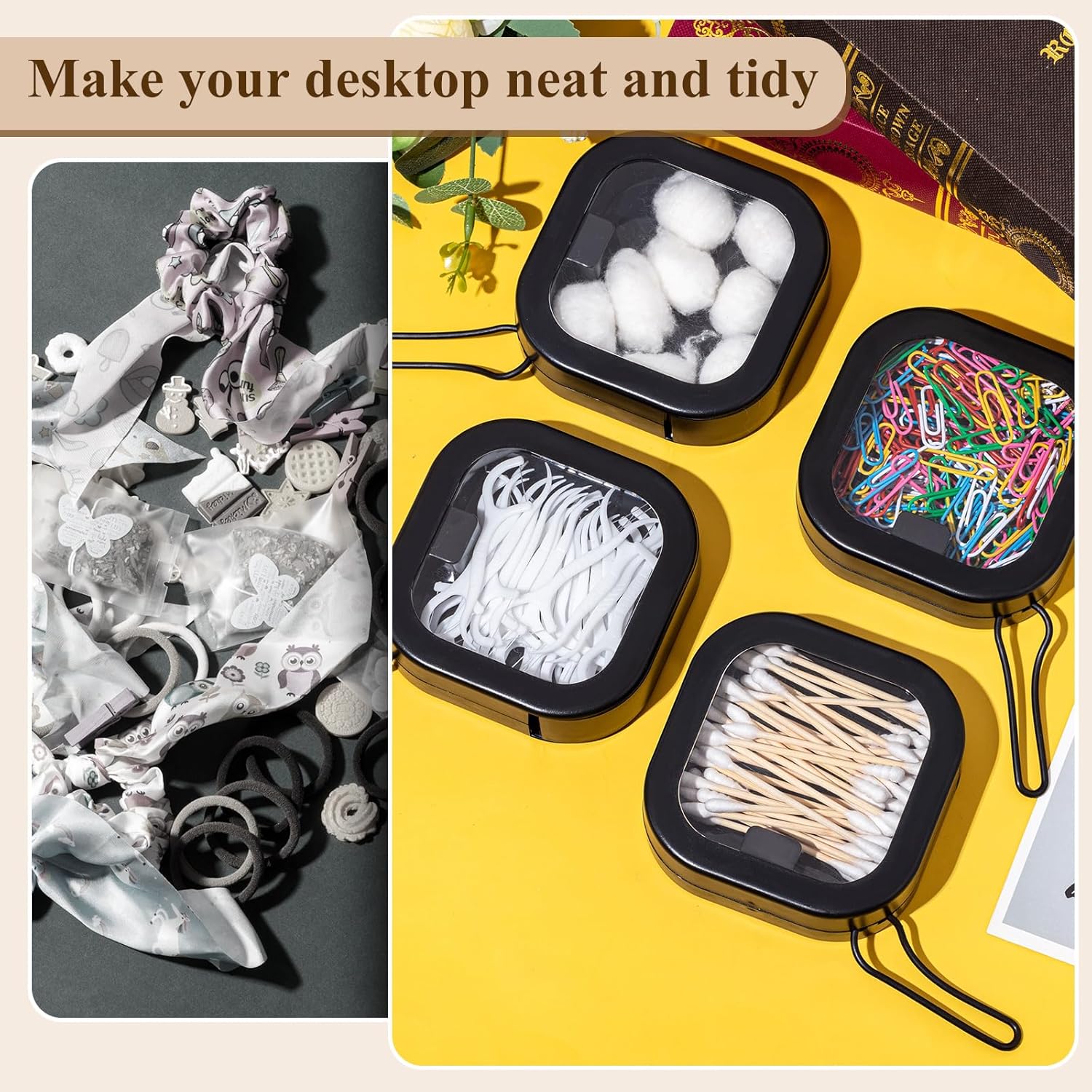 4 Pcs Black Hair Tie Organizer Portable Hair Accessory Storage Containers Stackable Tie Bobby Pin Holder Home Cotton Swab Dispenser Accessories Jewelry Organizer Box