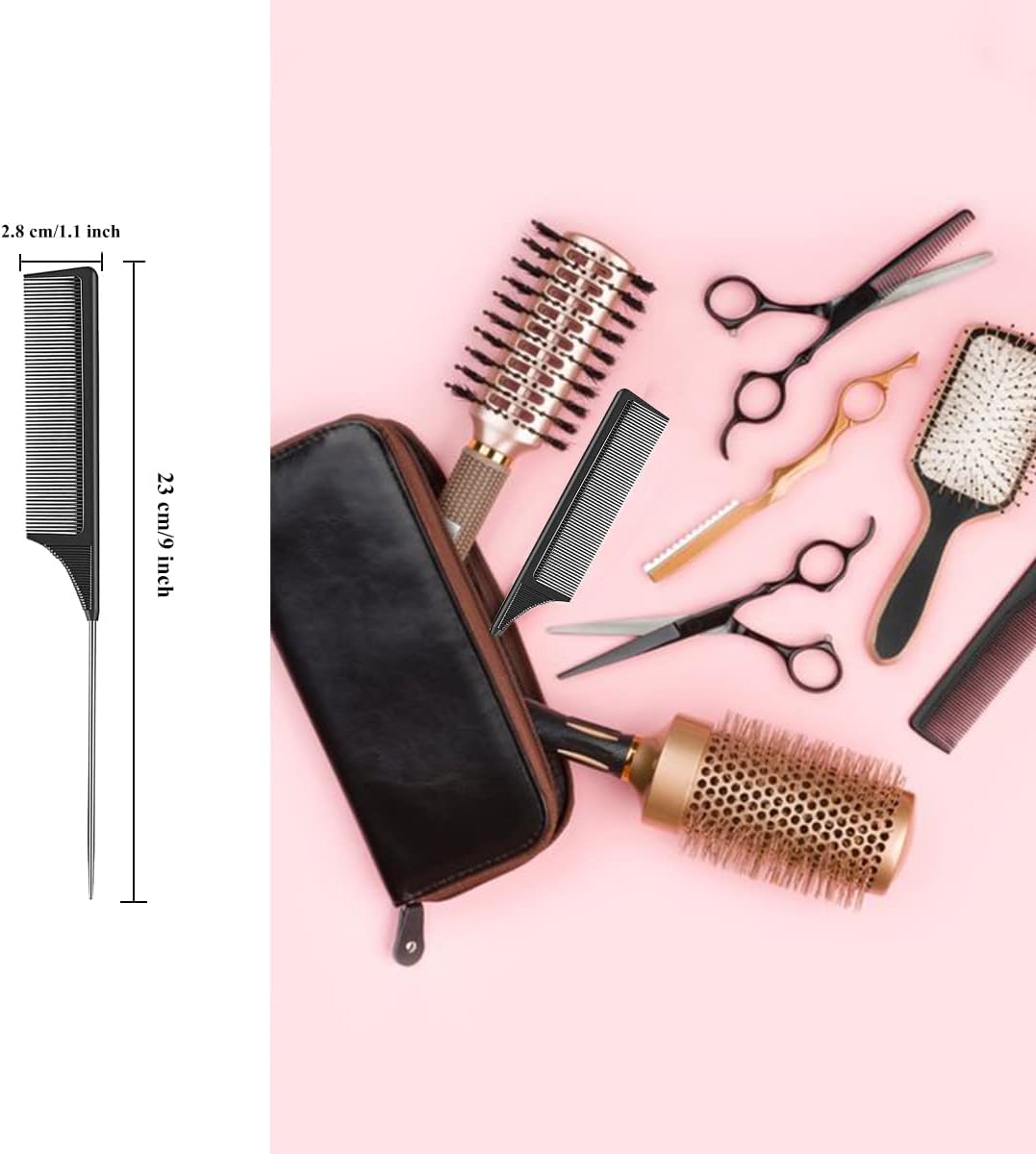 2 Pack Tail Comb, Carbon Fiber Stainless Steel Pintail and Heat Resistant Rat Teasing Comb for Daughter Women, Black
