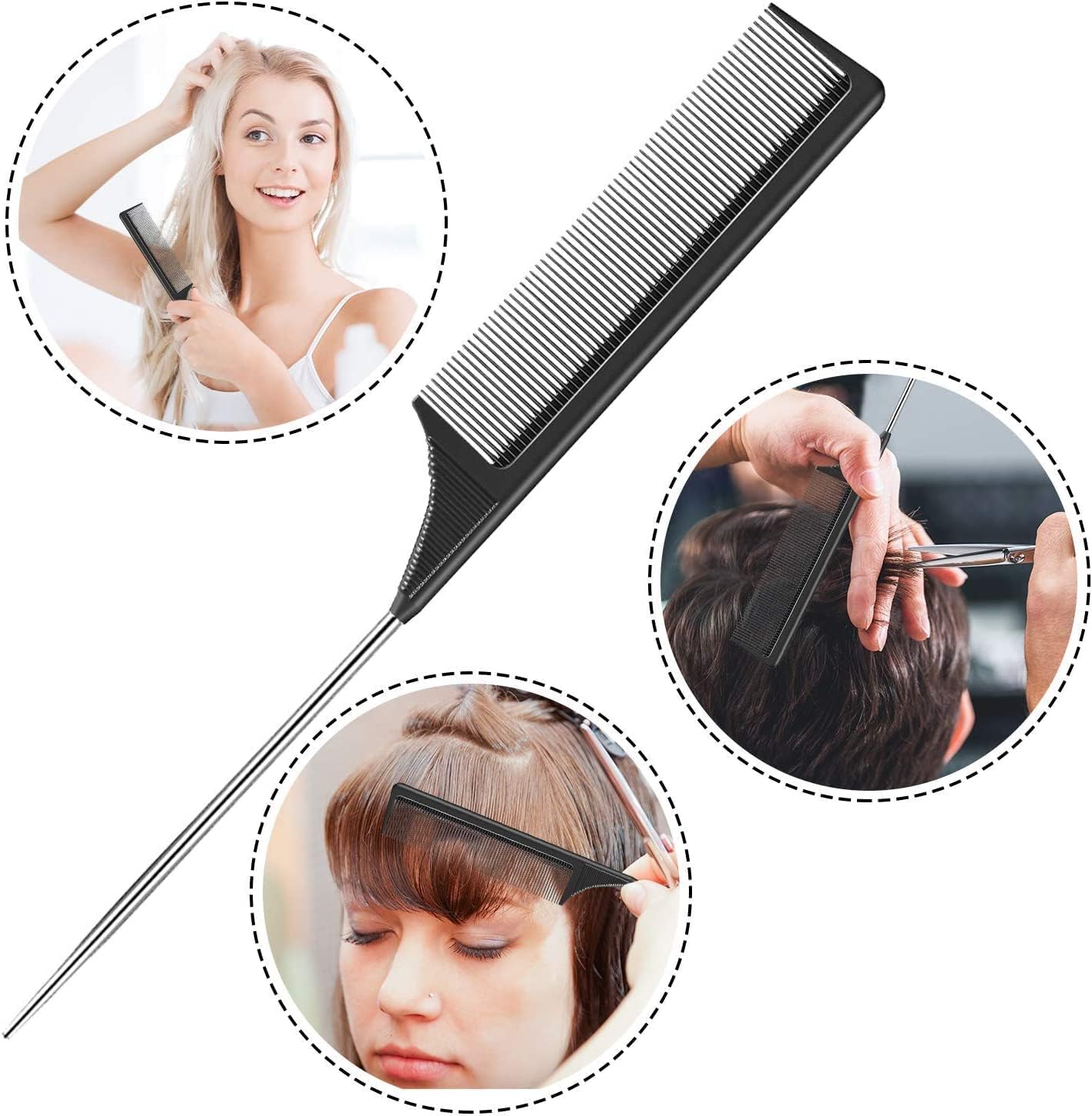 2 Pack Tail Comb, Carbon Fiber Stainless Steel Pintail and Heat Resistant Rat Teasing Comb for Daughter Women, Black