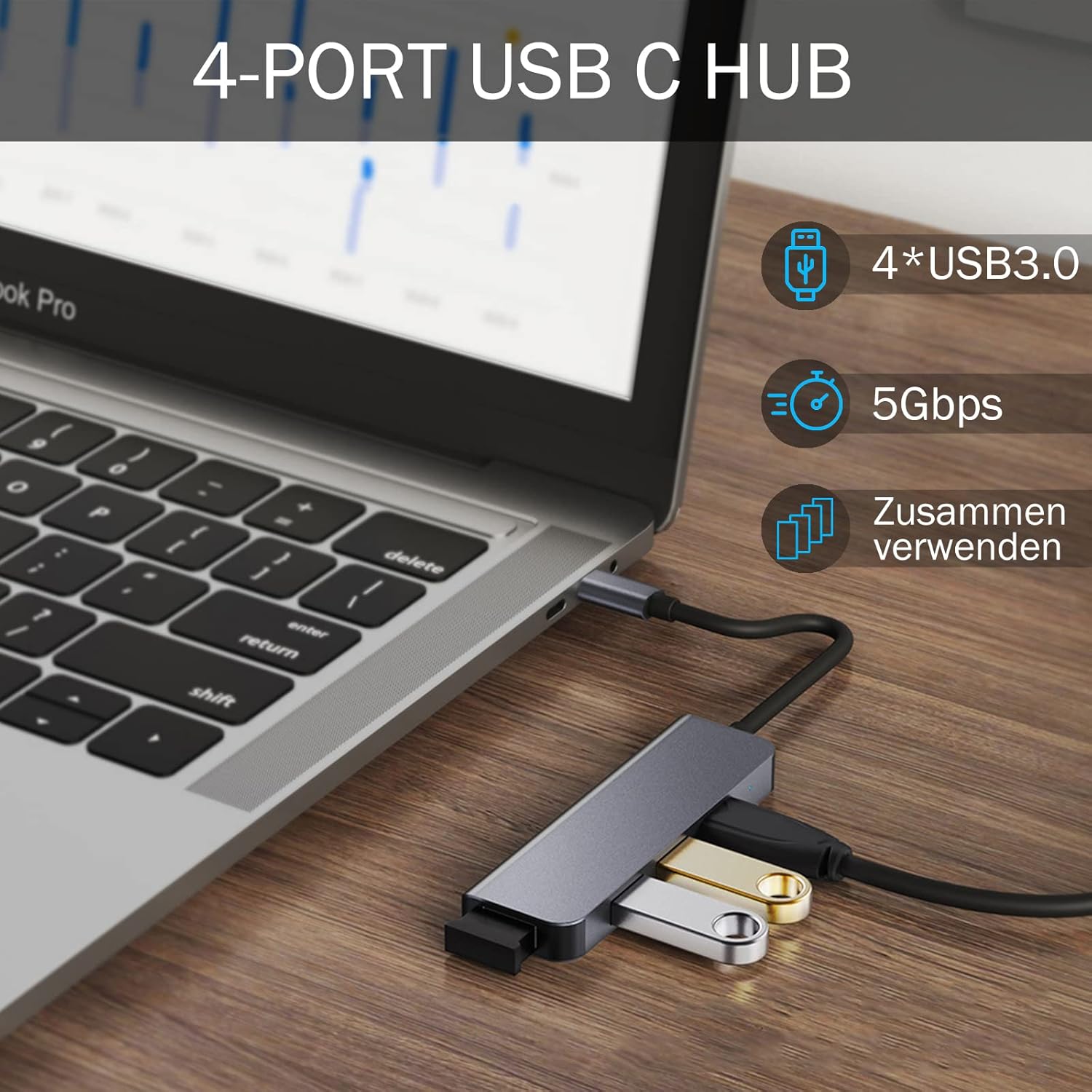 4-Port USB 3.0 Hub, Portable Data USB Hub, USB Splitter for MacBook, Mac Pro, Mac mini, iMac, Surface Pro, Laptop, PC, Flash Drive, Mobile HDD Charging Not Supported 3.9ft