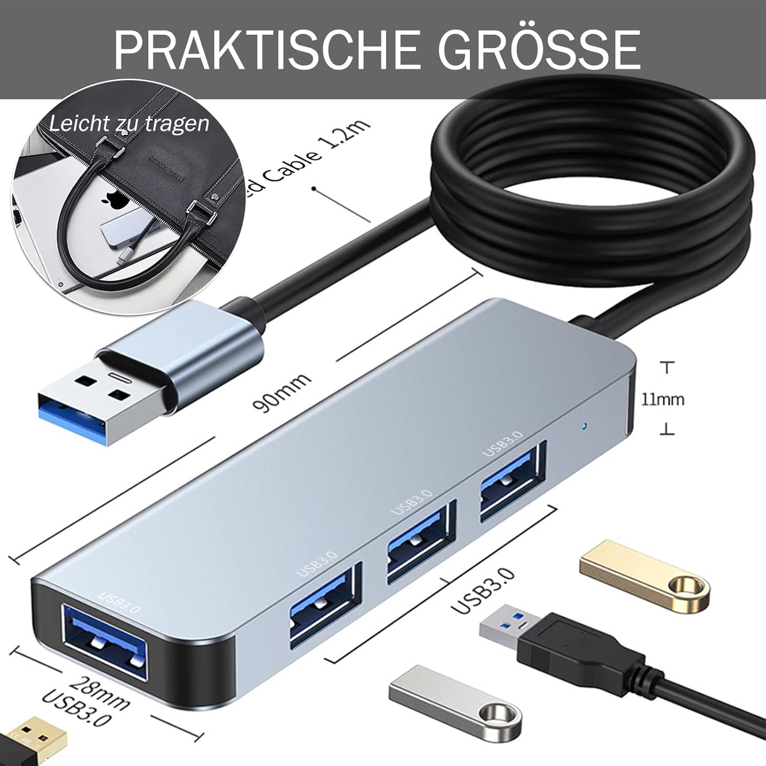 4-Port USB 3.0 Hub, Portable Data USB Hub, USB Splitter for MacBook, Mac Pro, Mac mini, iMac, Surface Pro, Laptop, PC, Flash Drive, Mobile HDD Charging Not Supported 3.9ft