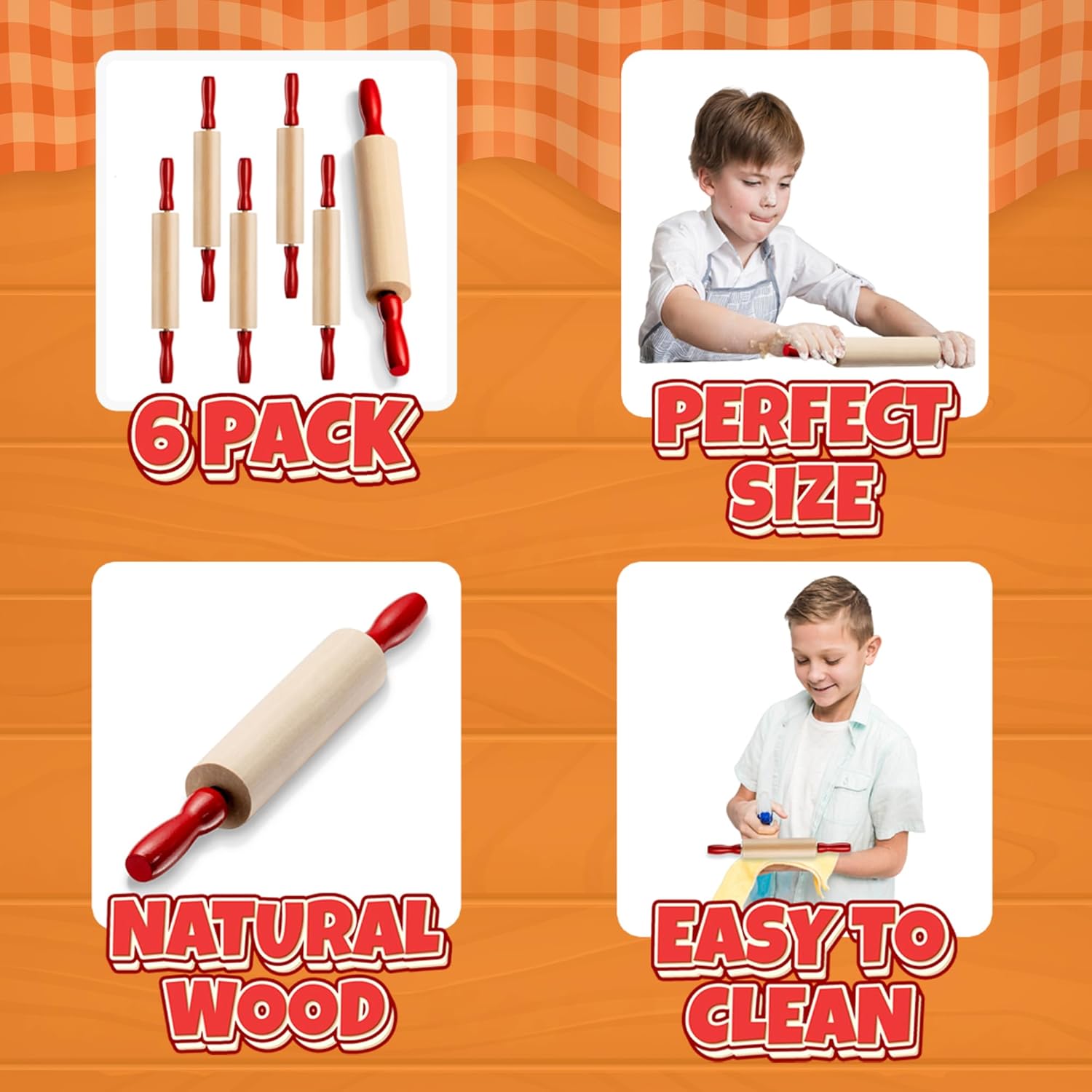 Mini Rolling Pin 7.5 Inch 6 Pack Kids Rolling Pin Set for Play Dough Accessories Small Pin for Dough - Wooden Rolling Pins For Baking With Handles for Foods, Baking Supplies, And Playtime