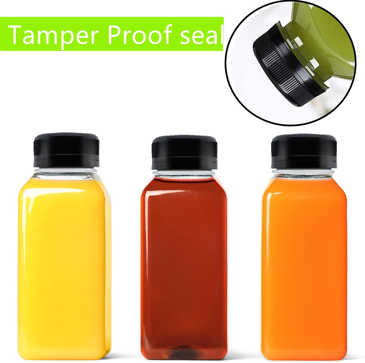10 Pack Empty Plastic Juice Bottles, 8 Ounce Beverage Container Bottle with Black Tamper Evident Lid, Suitable for Juice, Smoothie and Homemade Beverages