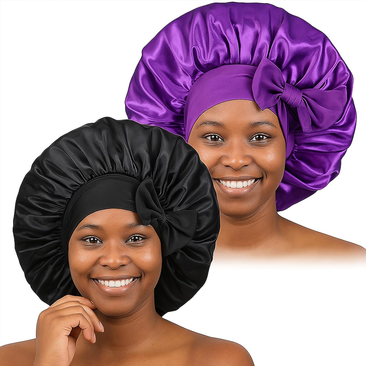 2PCS Silk Bonnet for Sleeping Women, Satin Bonnet Night Sleep Hair Cap for Curly Hair with Tie Band Black+Purple