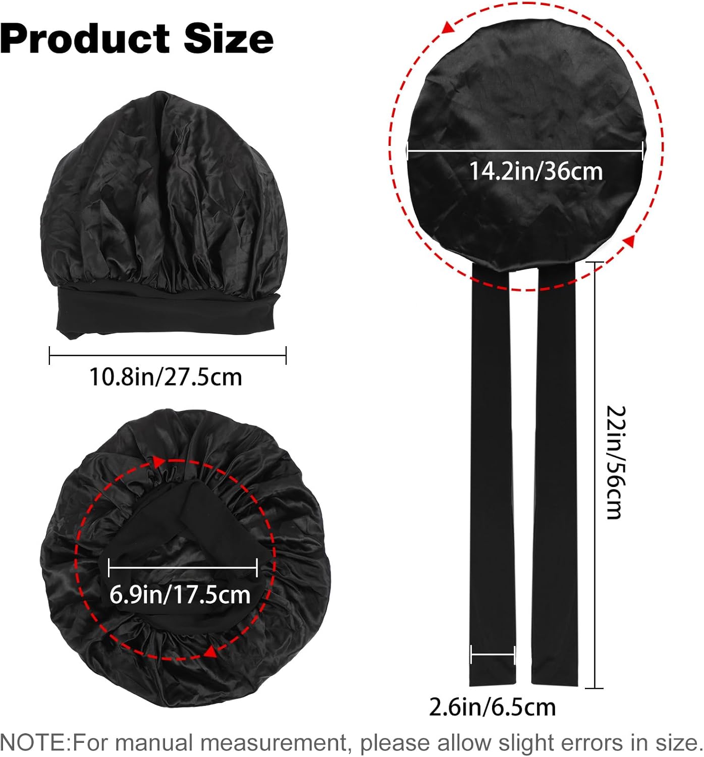 2PCS Silk Bonnet for Sleeping Women, Satin Bonnet Night Sleep Hair Cap for Curly Hair with Tie Band Black+Purple