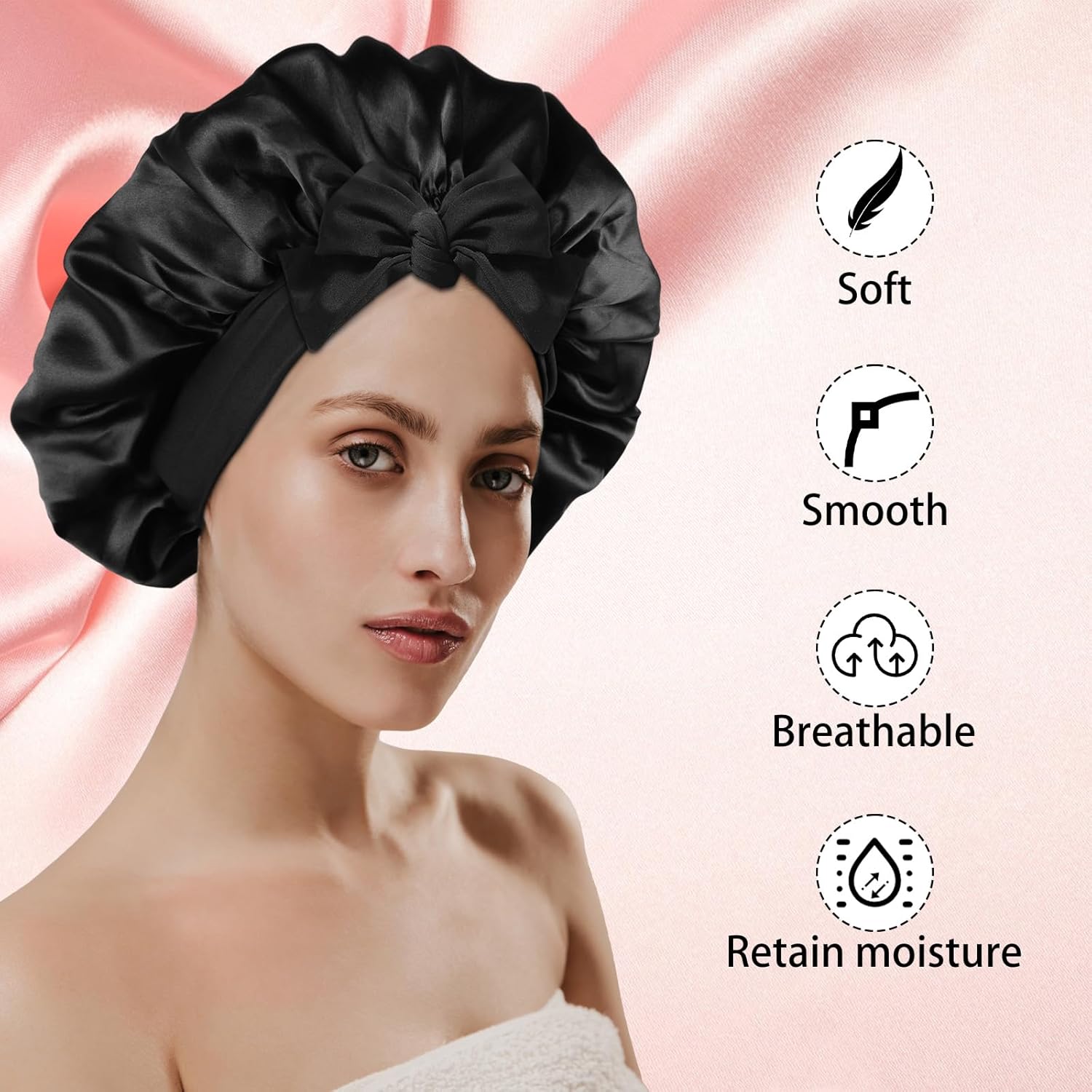 2PCS Silk Bonnet for Sleeping Women, Satin Bonnet Night Sleep Hair Cap for Curly Hair with Tie Band Black+Purple