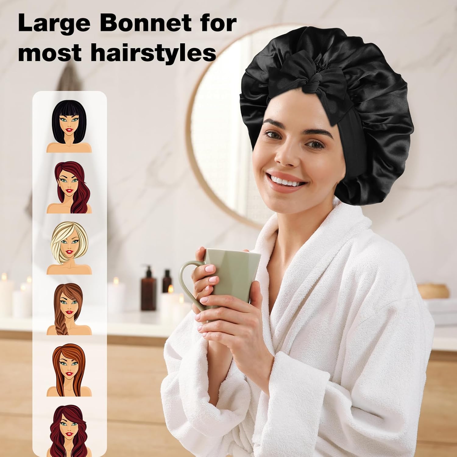 2PCS Silk Bonnet for Sleeping Women, Satin Bonnet Night Sleep Hair Cap for Curly Hair with Tie Band Black+Purple